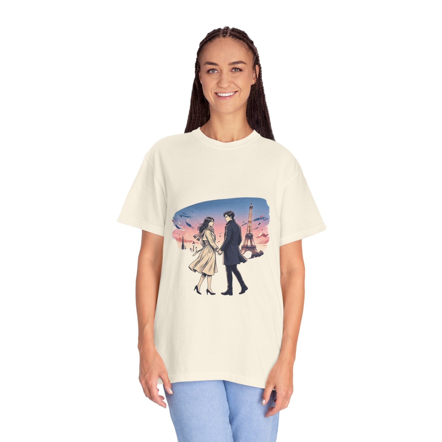 Paris Sunset Romance T-Shirt — Couple Walking by Eiffel Tower Graphic Tee