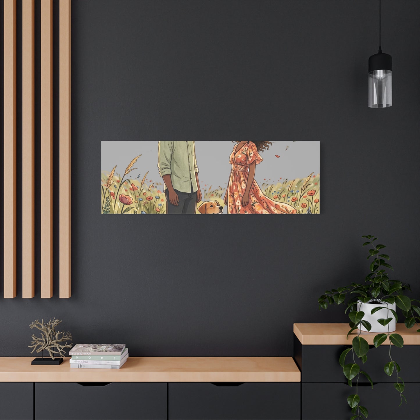 Romantic Couple in Wildflower Field Canvas Art — Black Love Wall Decor with Dog