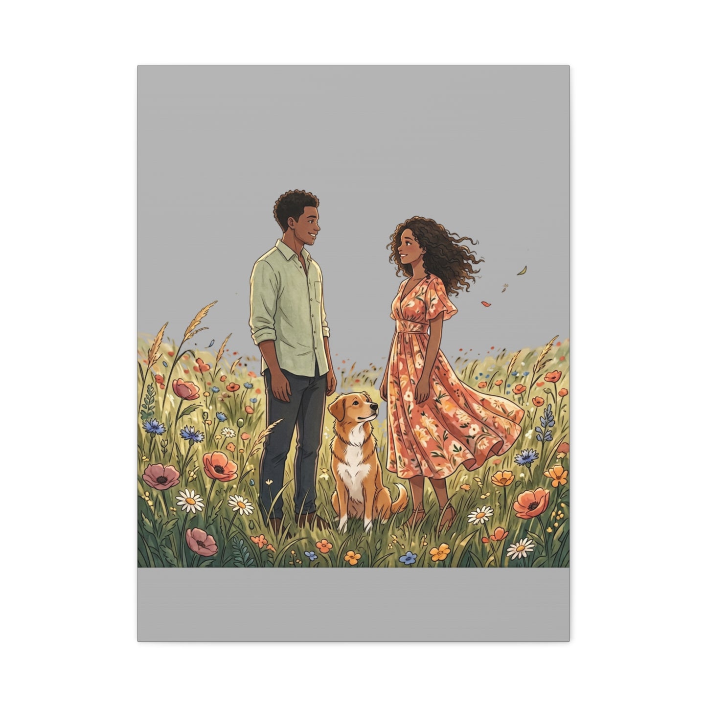 Romantic Couple in Wildflower Field Canvas Art — Black Love Wall Decor with Dog