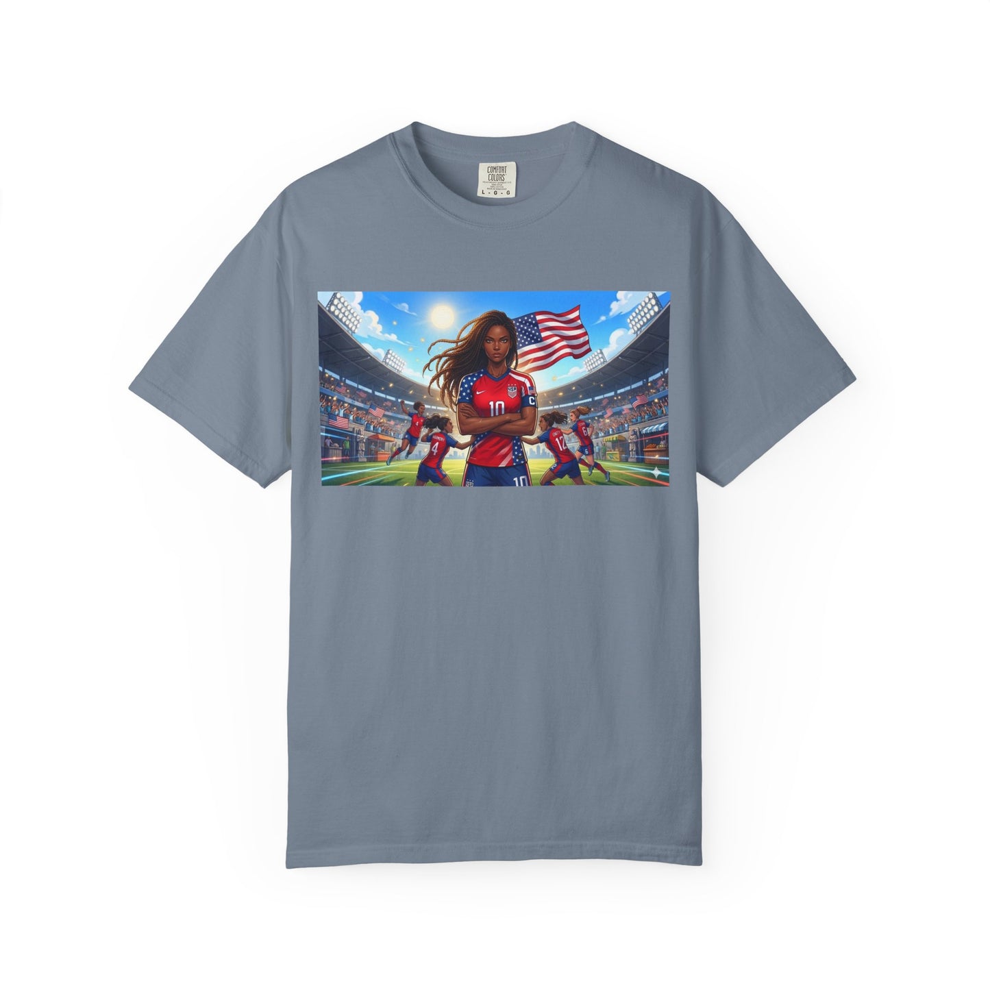 Soccer Mom USA T-Shirt — Female Soccer Player with American Flag Stadium Graphic