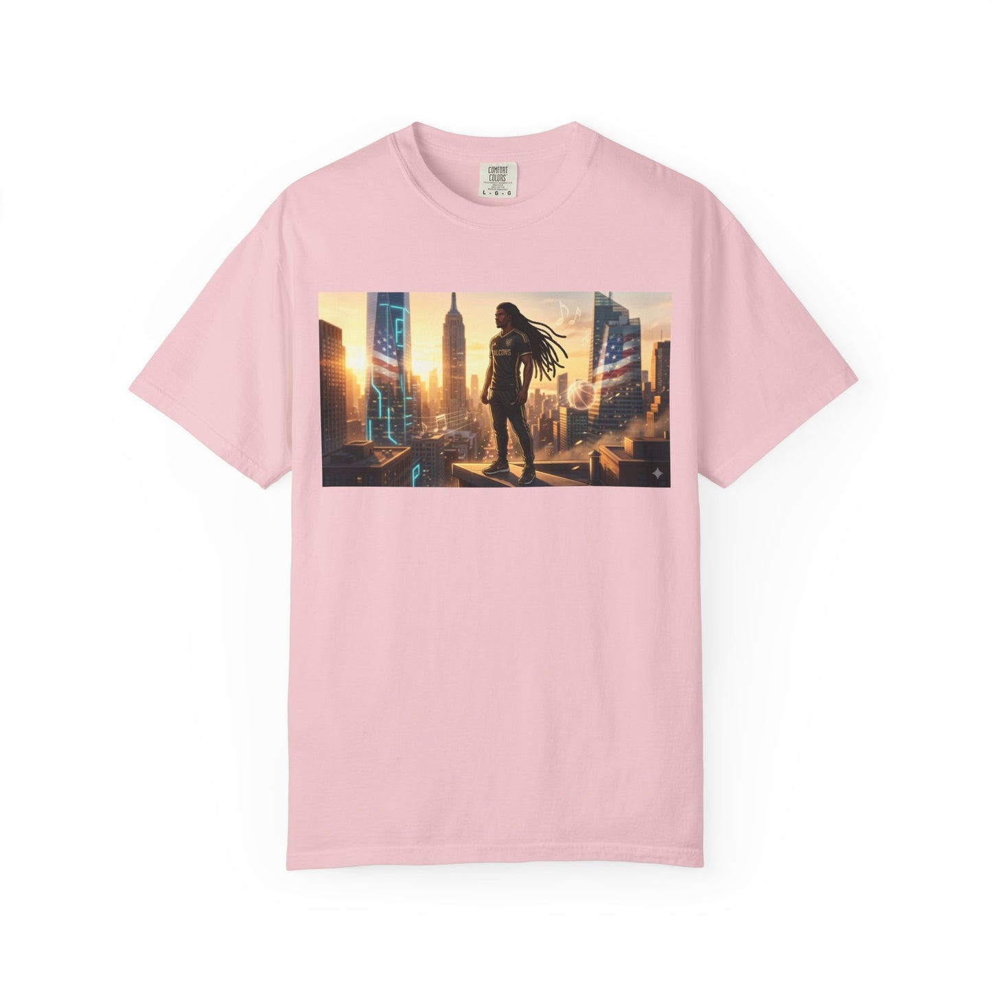 Cyberpunk Cityscape T-Shirt — Silhouette Hero at Sunset