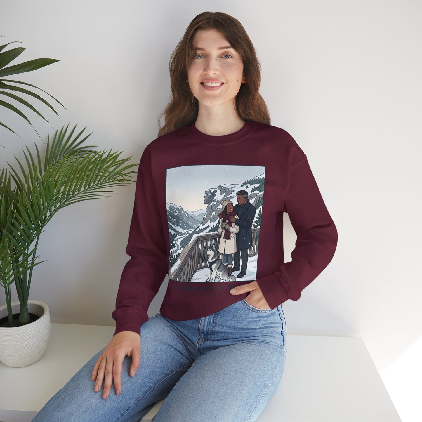 Crewneck Sweatshirt — Franconia Notch Winter Couple Scenic Graphic