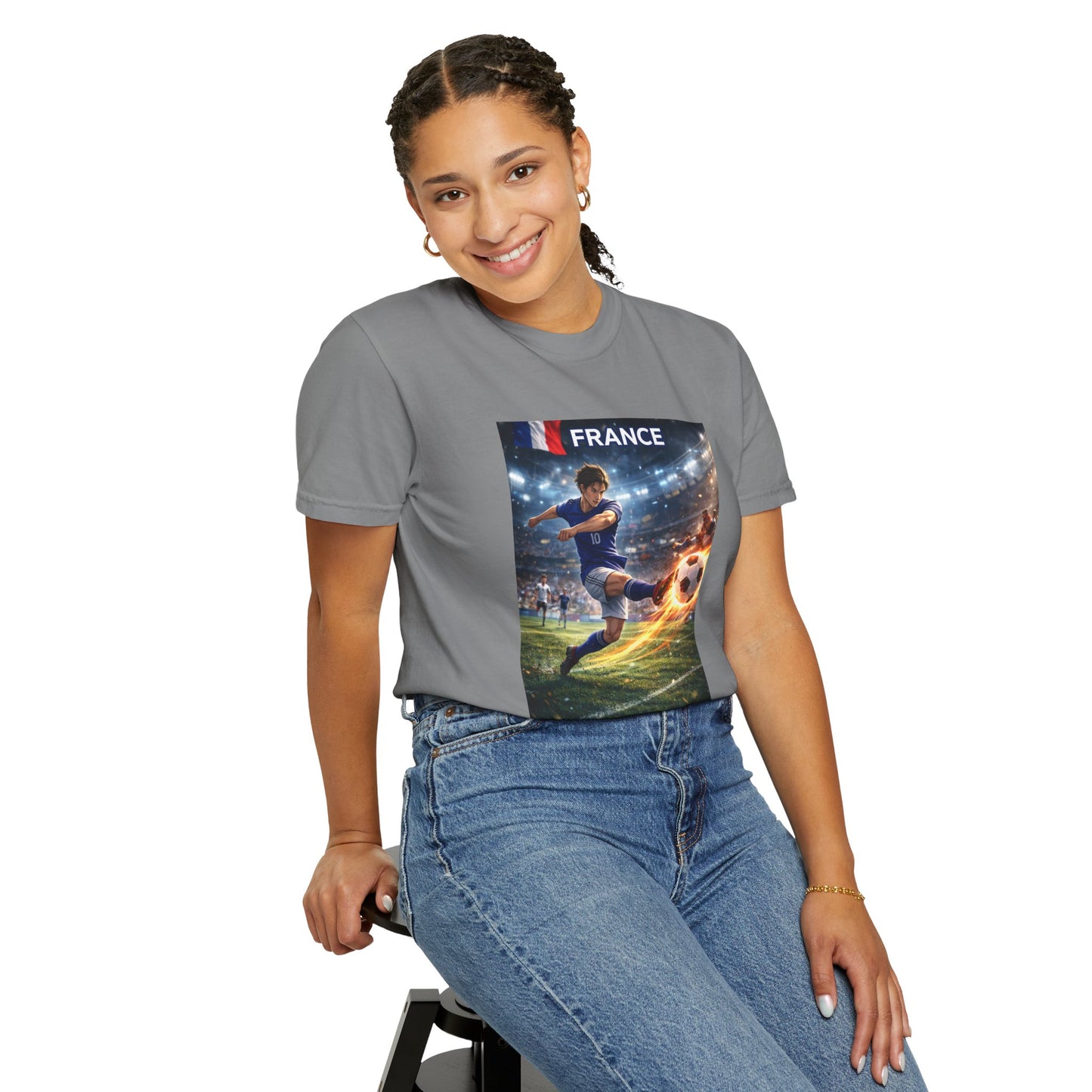 France Soccer Player Graphic T-Shirt — Football Kick Stadium Design