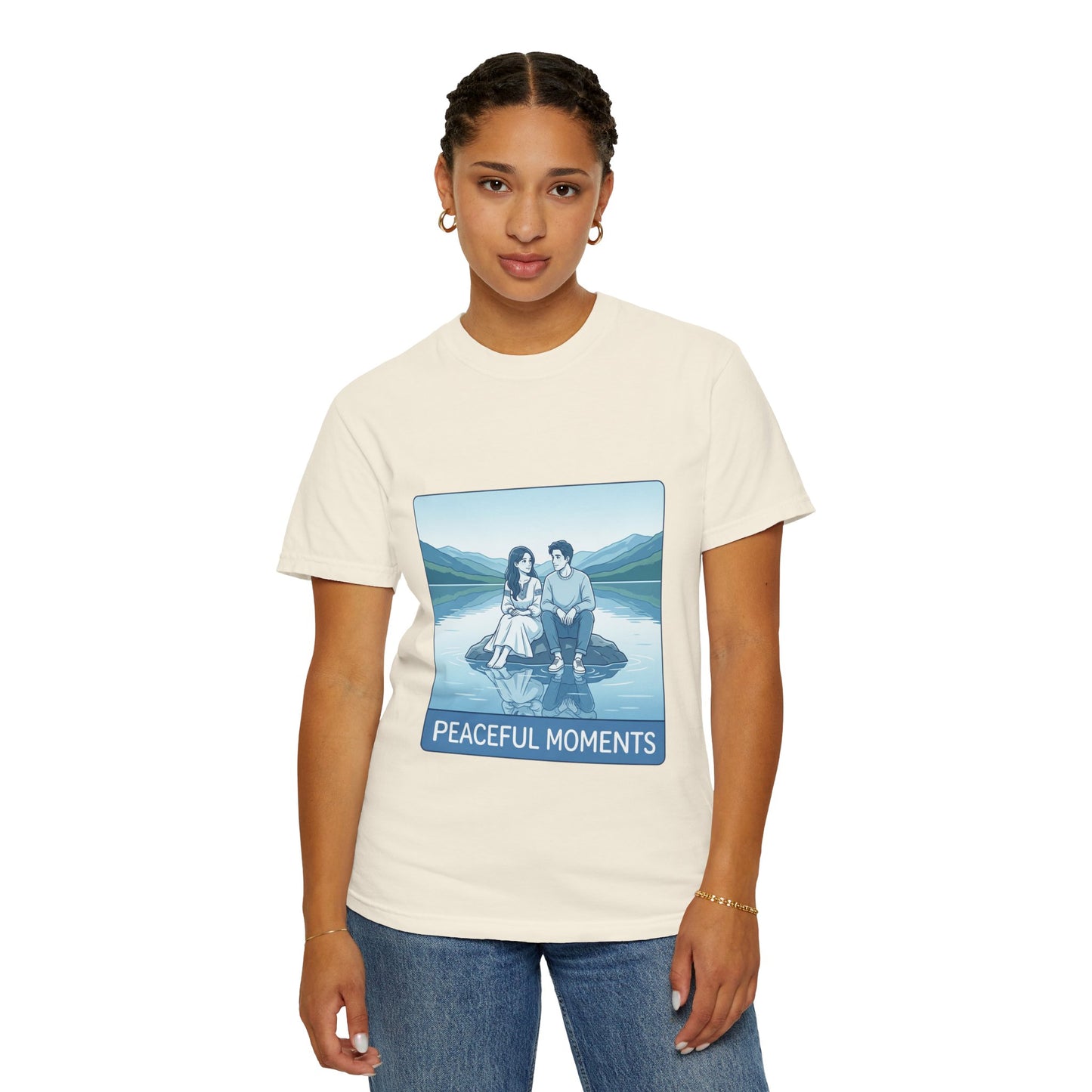 Peaceful Moments Tee — Couple Sitting by Lake Graphic T-Shirt