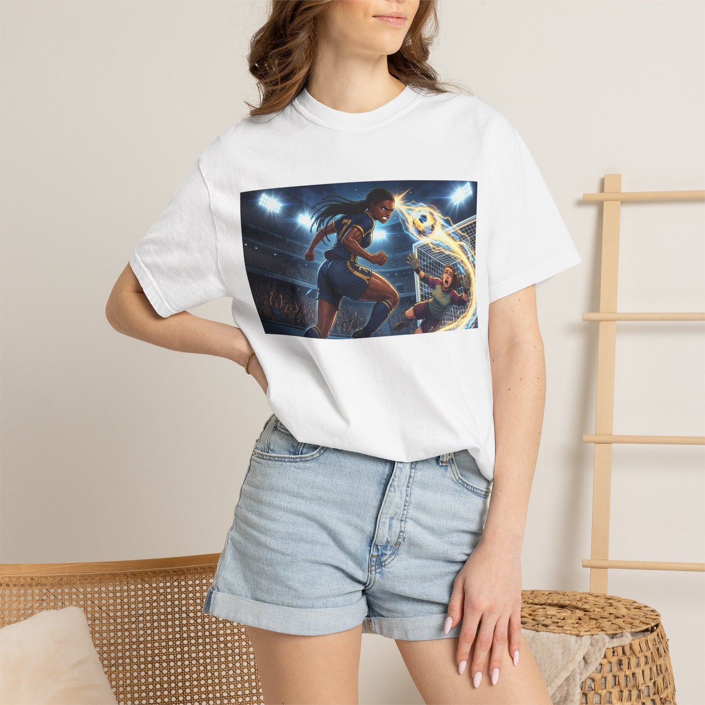 Soccer Duel Graphic T-Shirt — Futuristic Goalkeeper vs Striker Stadium Print