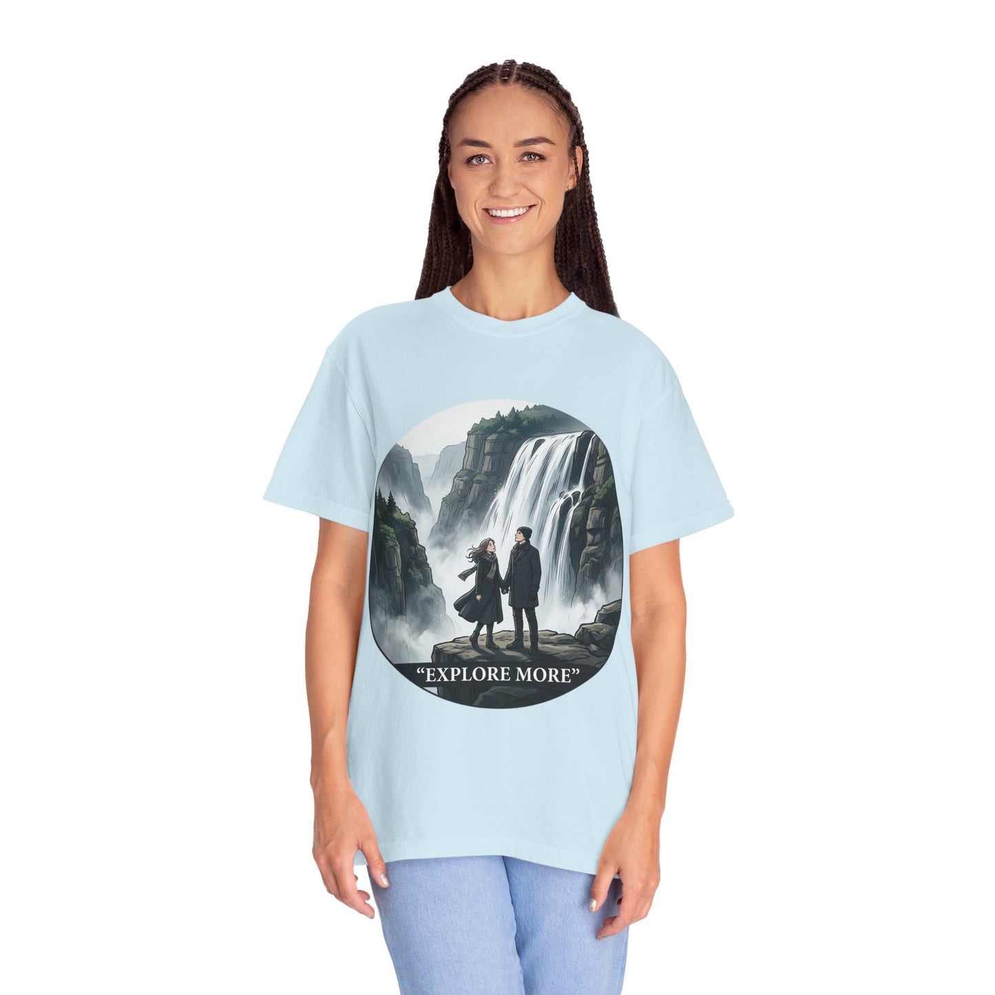 Explore More T-Shirt — Adventure Graphic Tee with Waterfall Scene