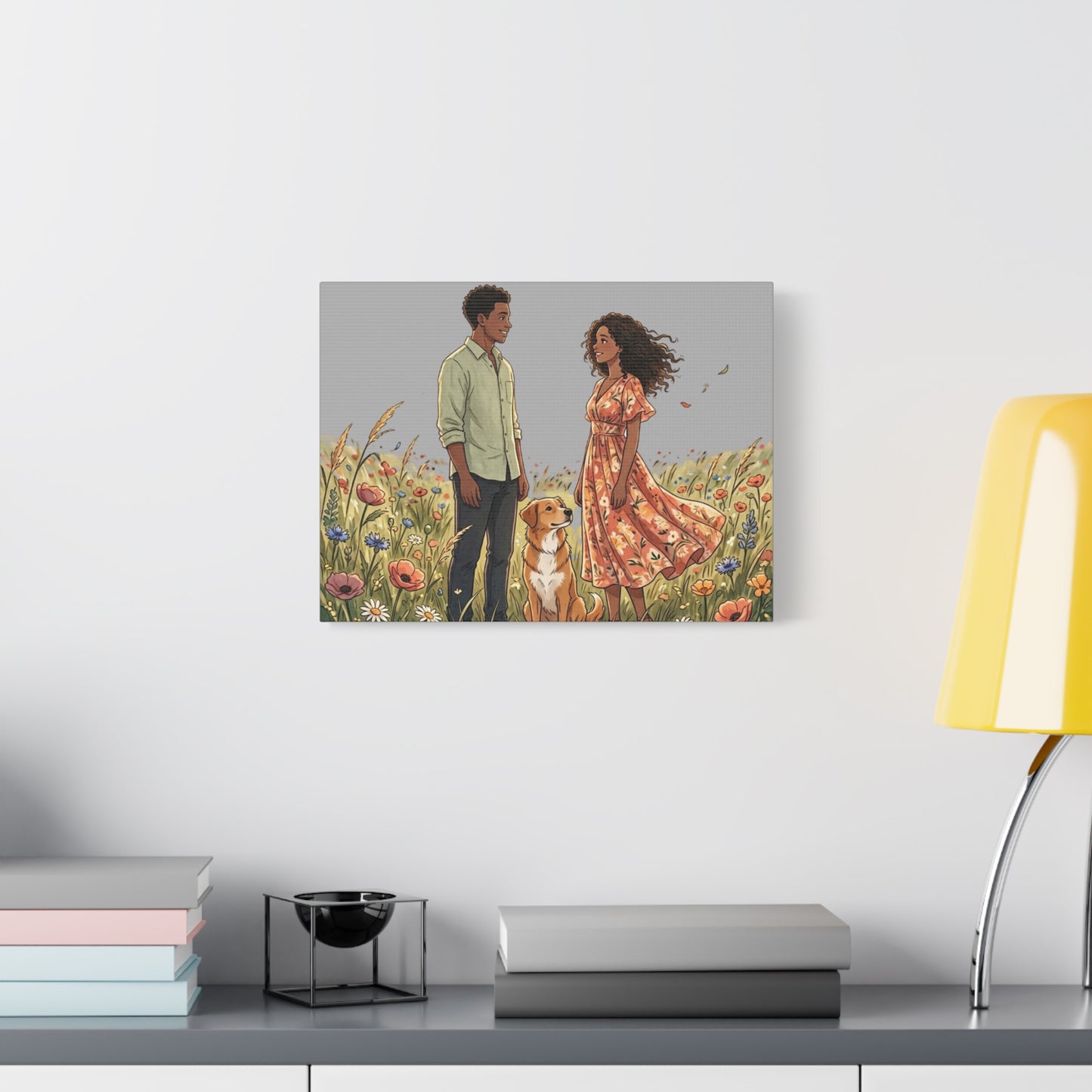 Romantic Couple in Wildflower Field Canvas Art — Black Love Wall Decor with Dog