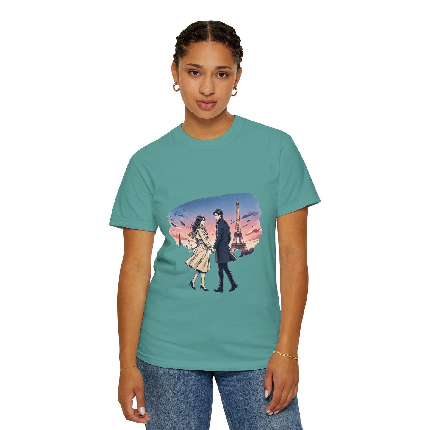 Paris Sunset Romance T-Shirt — Couple Walking by Eiffel Tower Graphic Tee