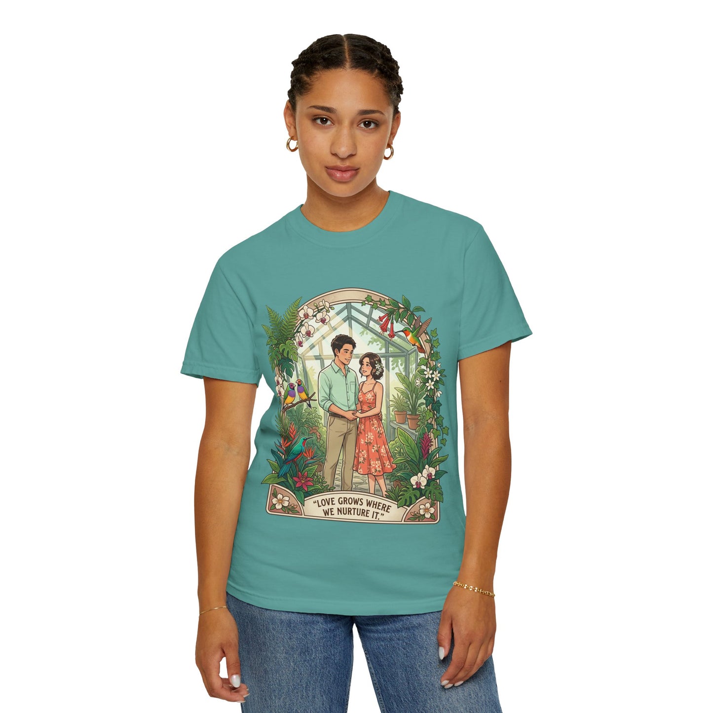 Romantic Greenhouse Couples T-Shirt — “Love Grows Where We Nurture It”