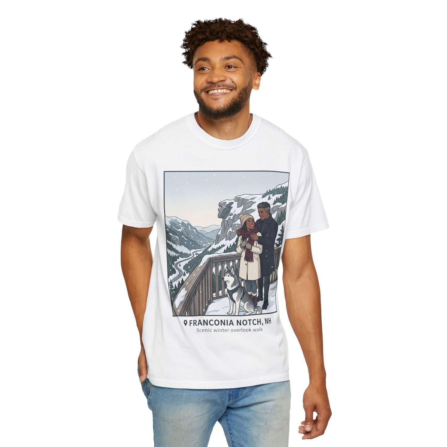 Franconia Notch NH Winter View T-Shirt — Scenic Couple & Husky Travel Tee