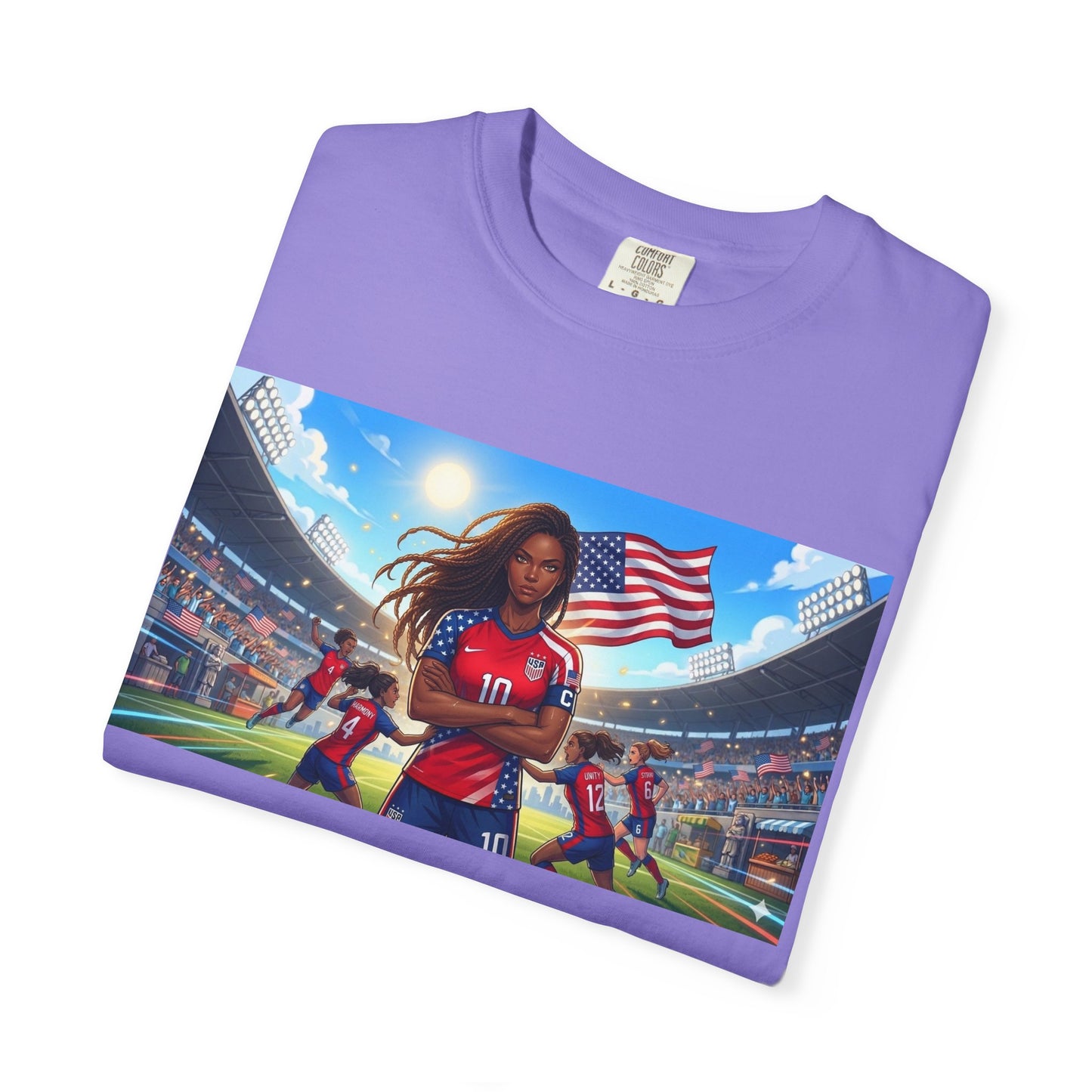 Soccer Mom USA T-Shirt — Female Soccer Player with American Flag Stadium Graphic