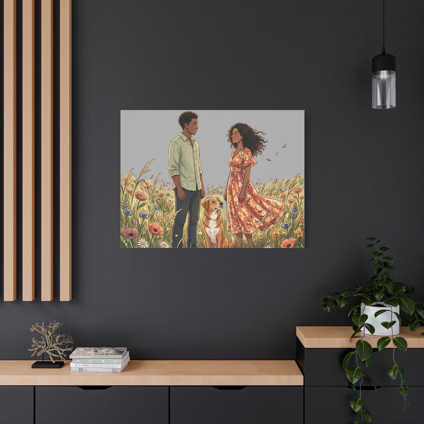 Romantic Couple in Wildflower Field Canvas Art — Black Love Wall Decor with Dog