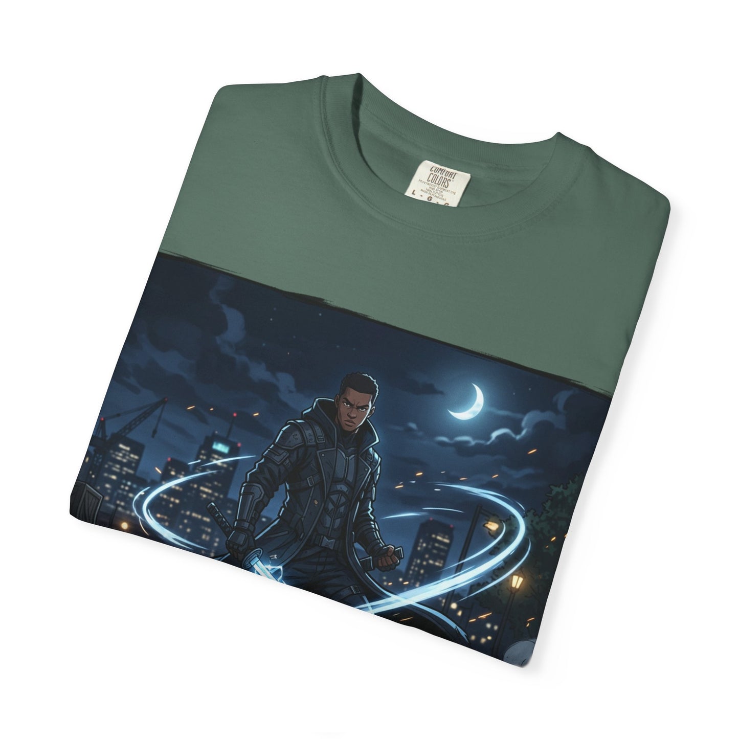 Urban Night Warrior T-Shirt — Neon Samurai Cityscape