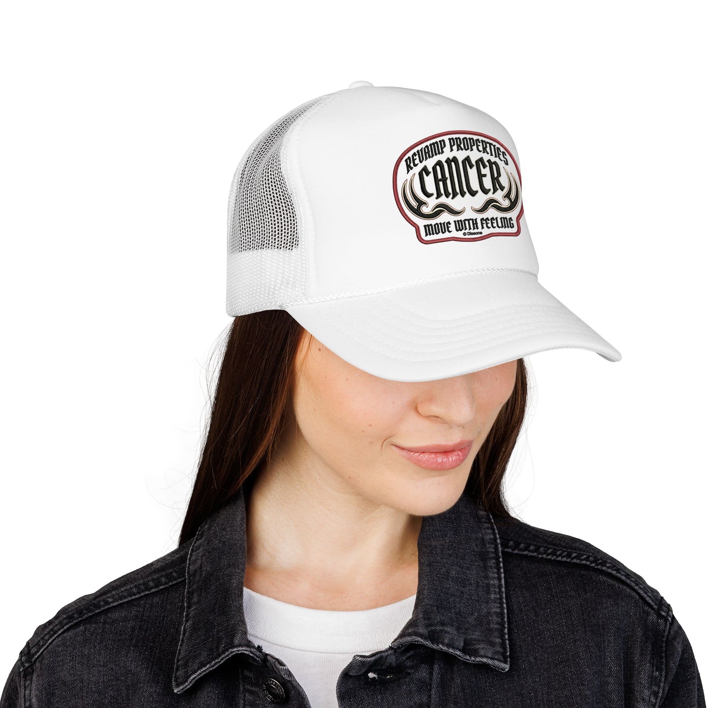 Cancer Zodiac Trucker Hat — Vintage Embroidered Skull & Crab Design