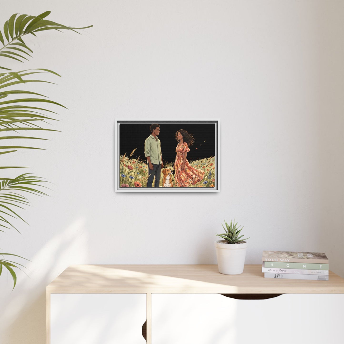 Framed Matte Canvas Print — Romantic Couple in Wildflower Field (Multi‑Color)