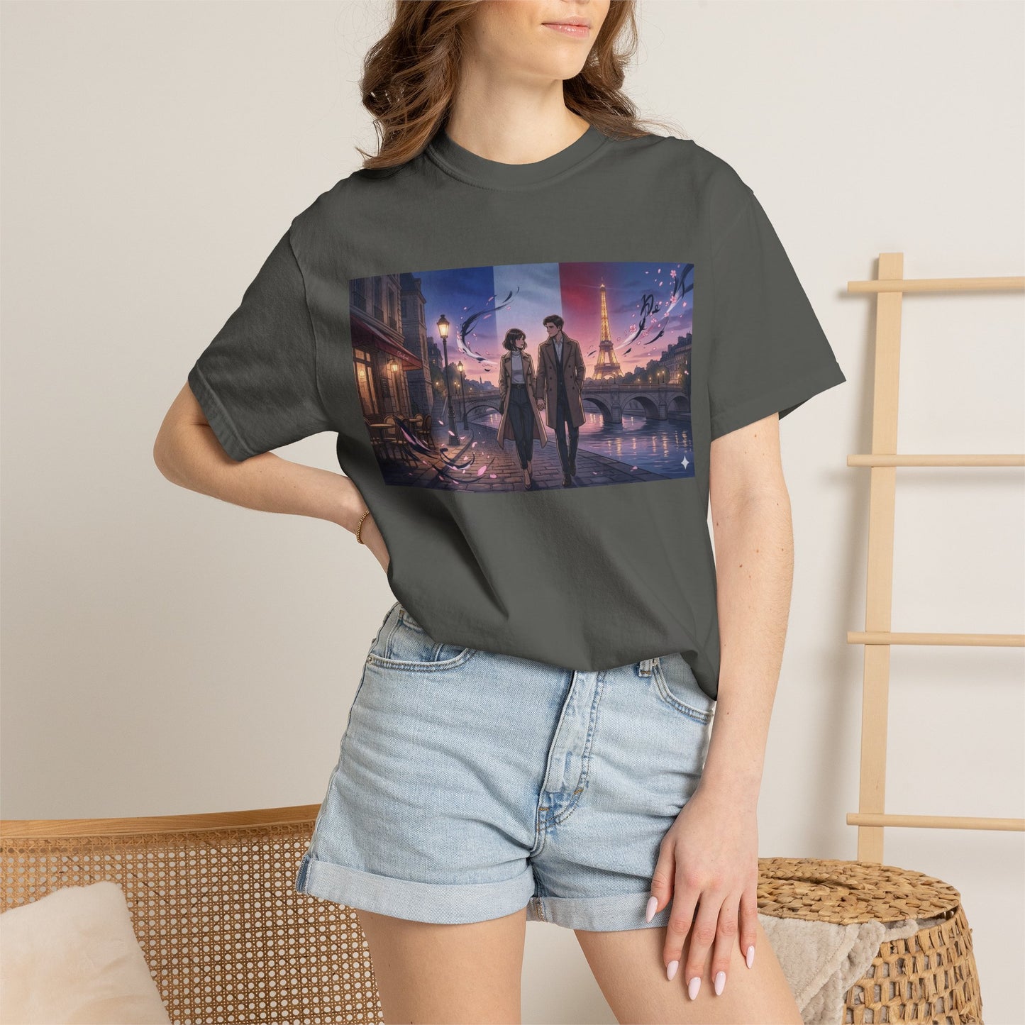 Couple Walking, Eiffel Tower - T-Shirt — Romantic Paris Nightscape Graphic Tee