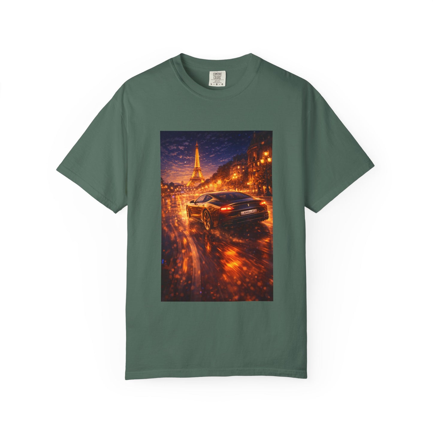 Paris Night Drive T-Shirt — Sports Car in Rainy Cityscape