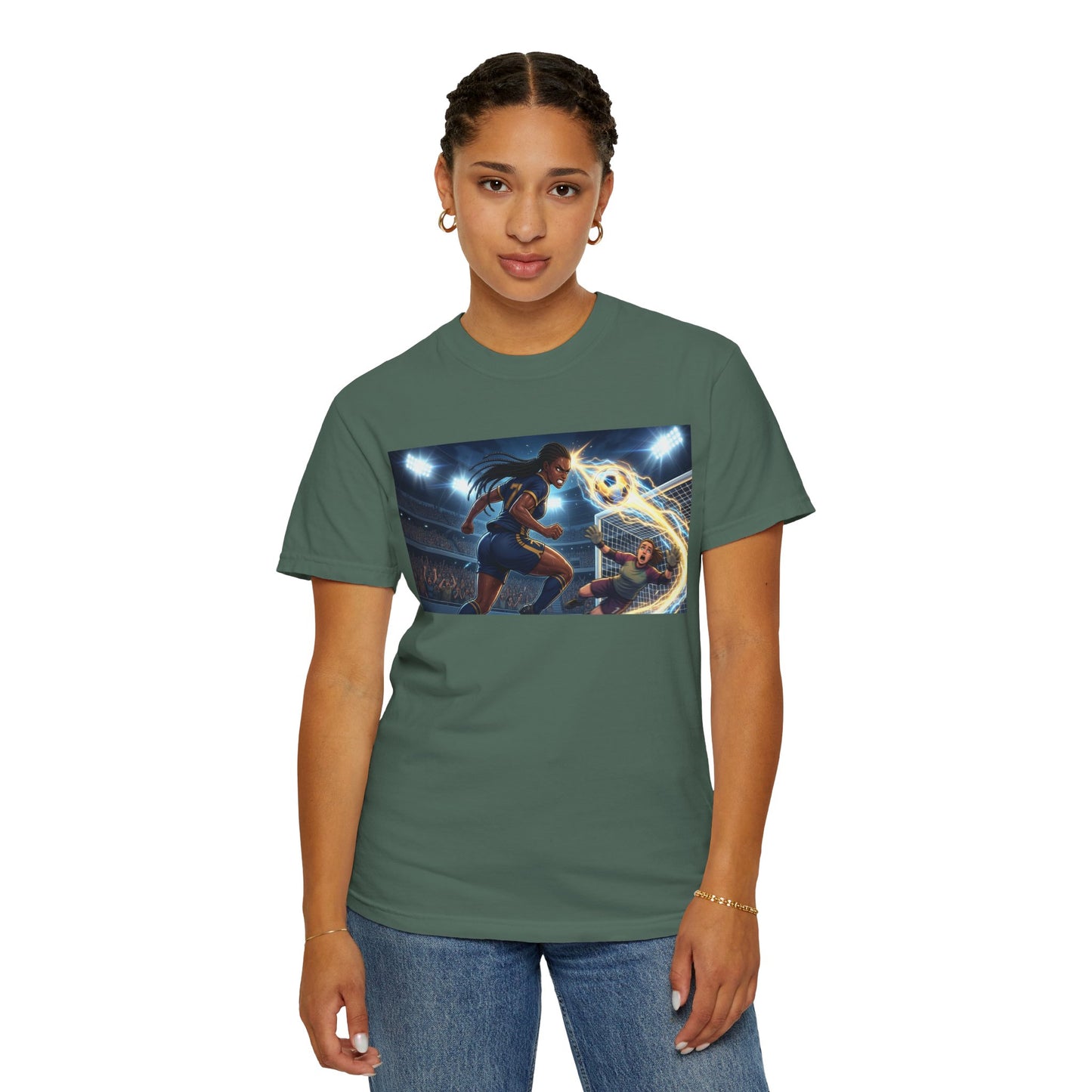 Soccer Duel Graphic T-Shirt — Futuristic Goalkeeper vs Striker Stadium Print
