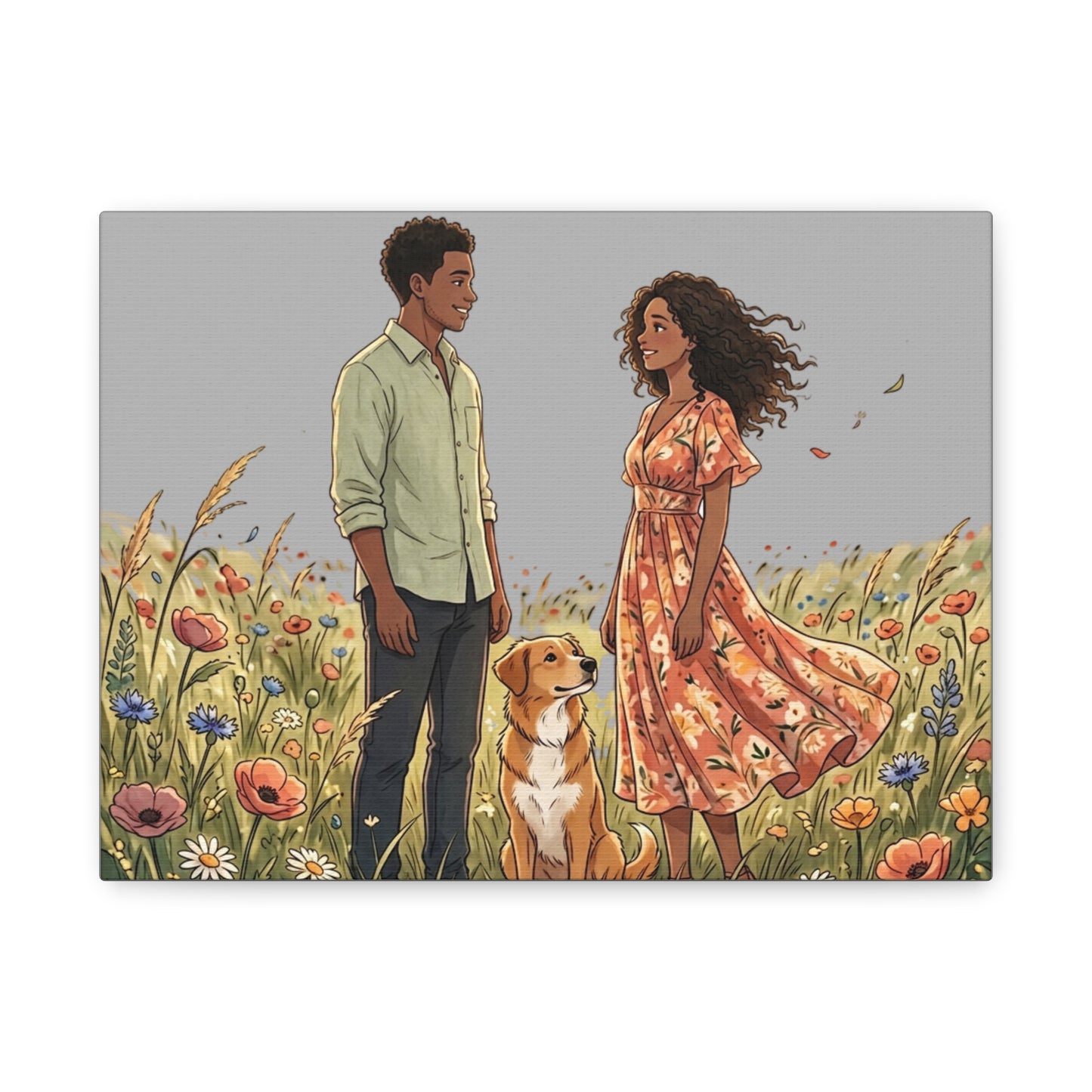 Romantic Couple in Wildflower Field Canvas Art — Black Love Wall Decor with Dog