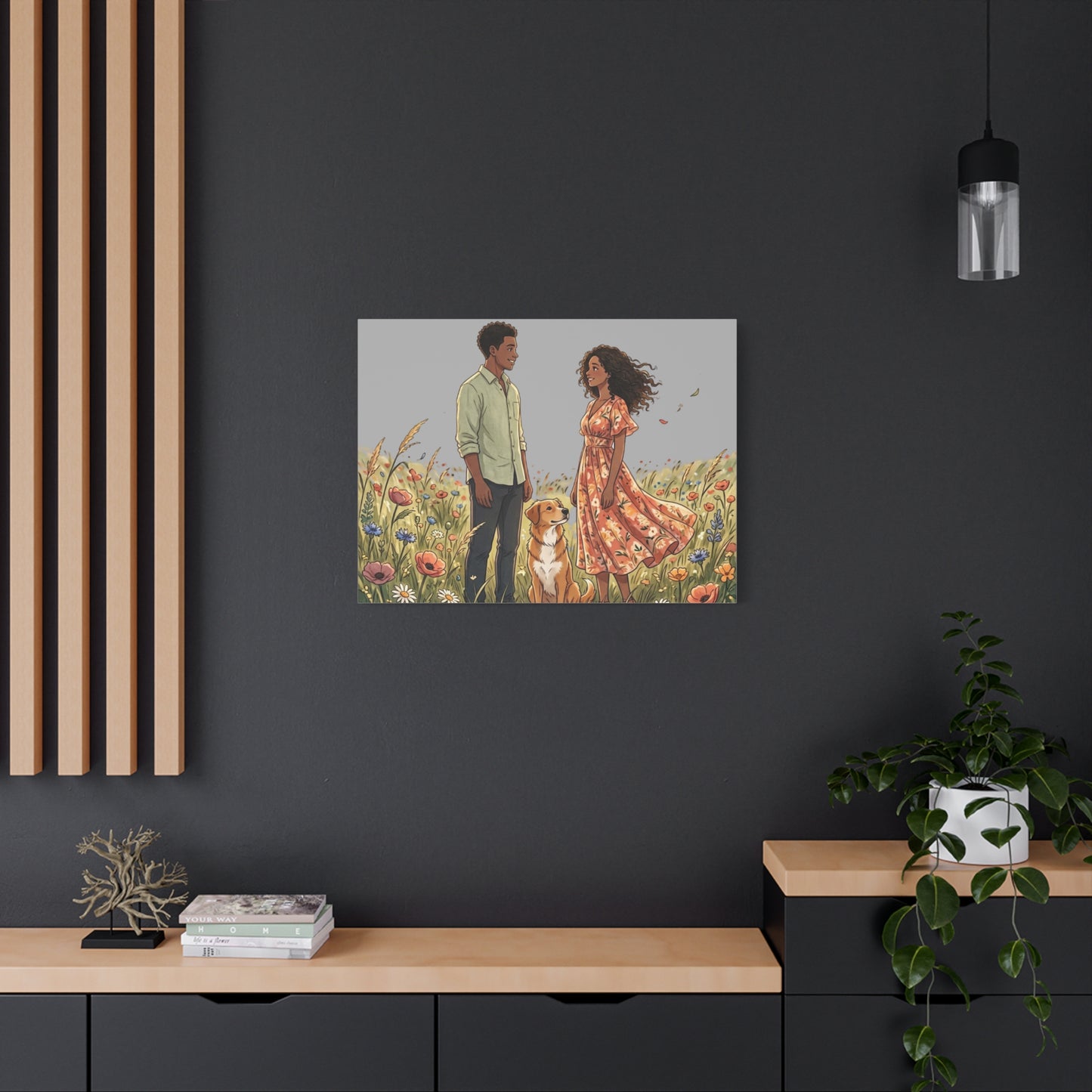Romantic Couple in Wildflower Field Canvas Art — Black Love Wall Decor with Dog
