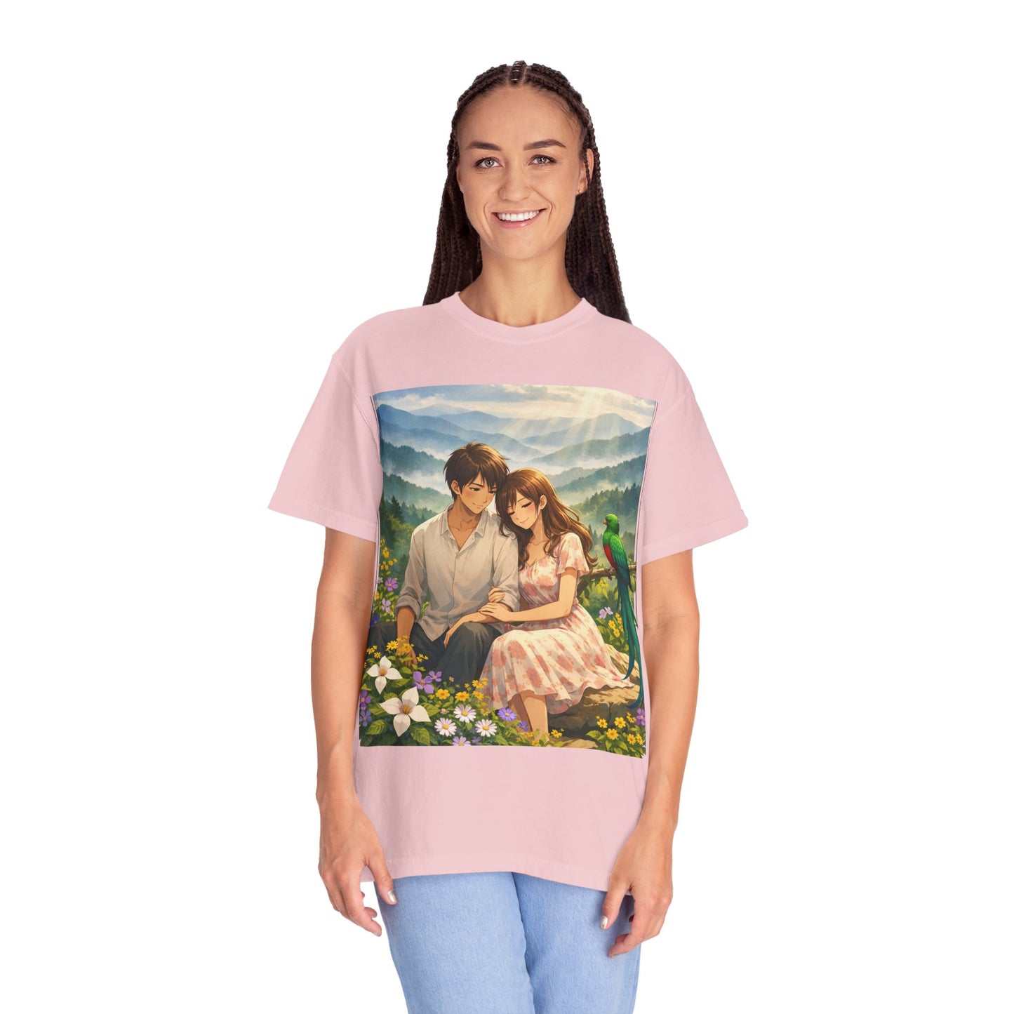 Romantic Anime Couple T-Shirt — Sunset Meadow Illustration