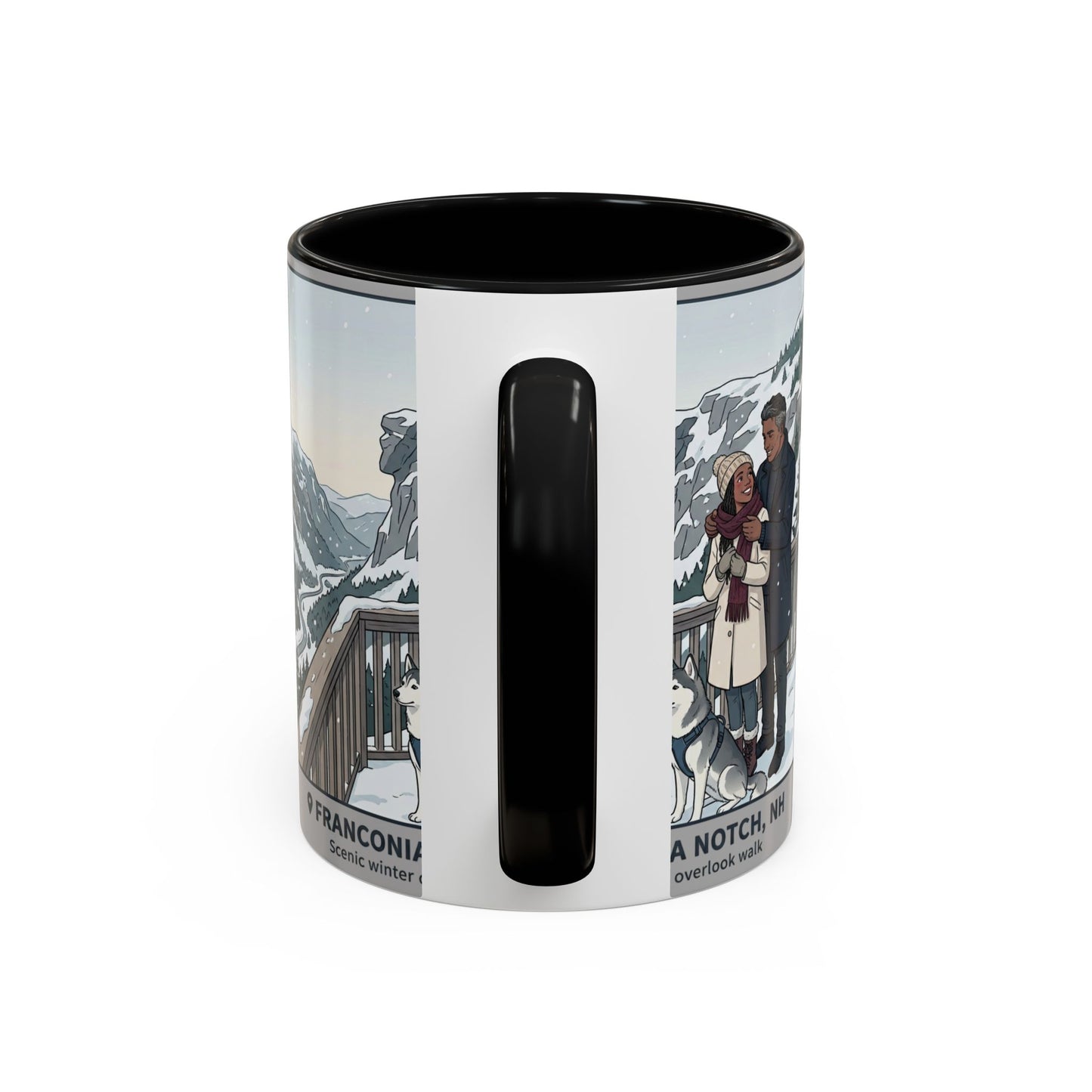 Franconia Notch Scenic Winter Mug — Couples & Dog Snowy Overlook Coffee Cup (11/15oz)