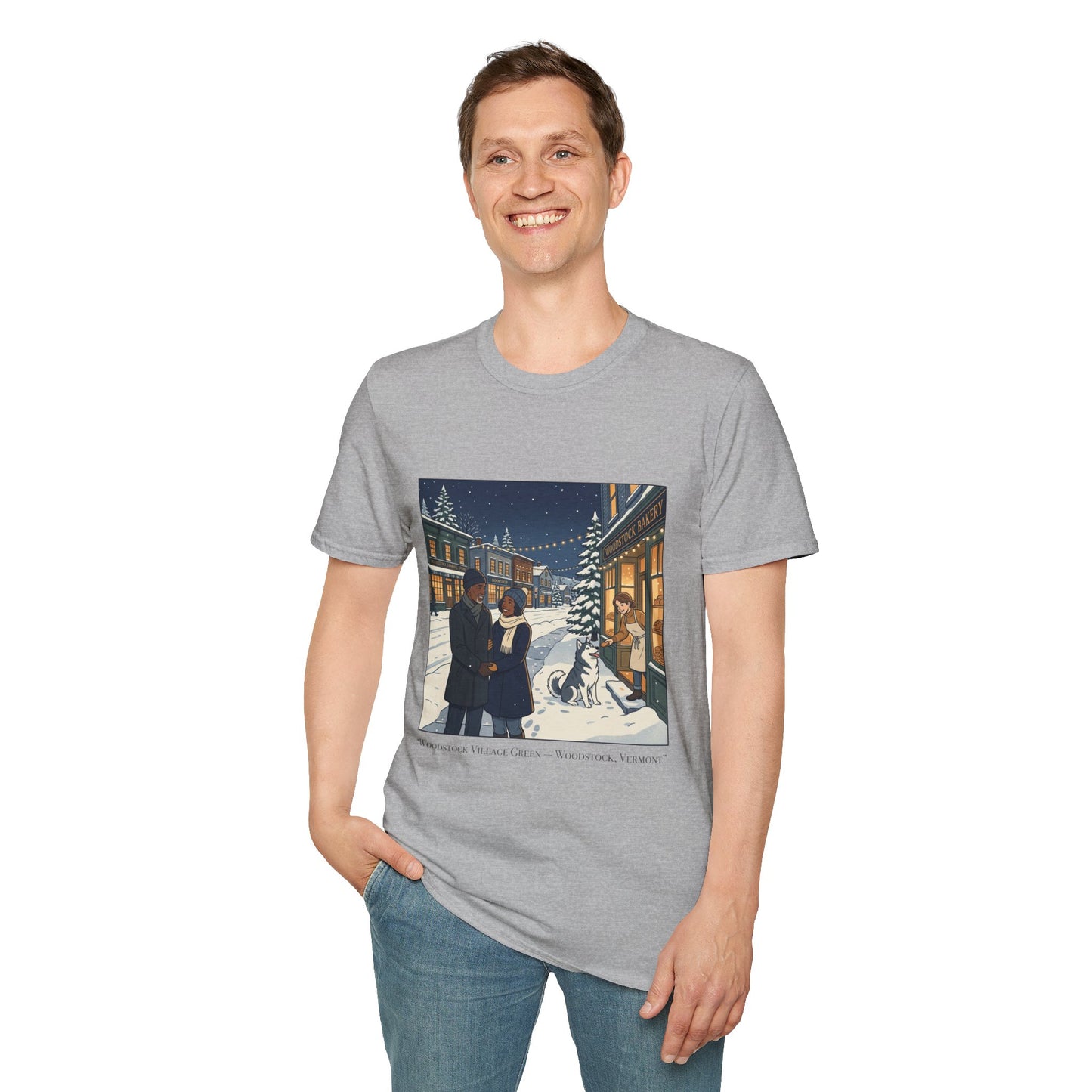 Winter String Lights Stroll T-Shirt — Cozy Holiday Street Scene Graphic Tee