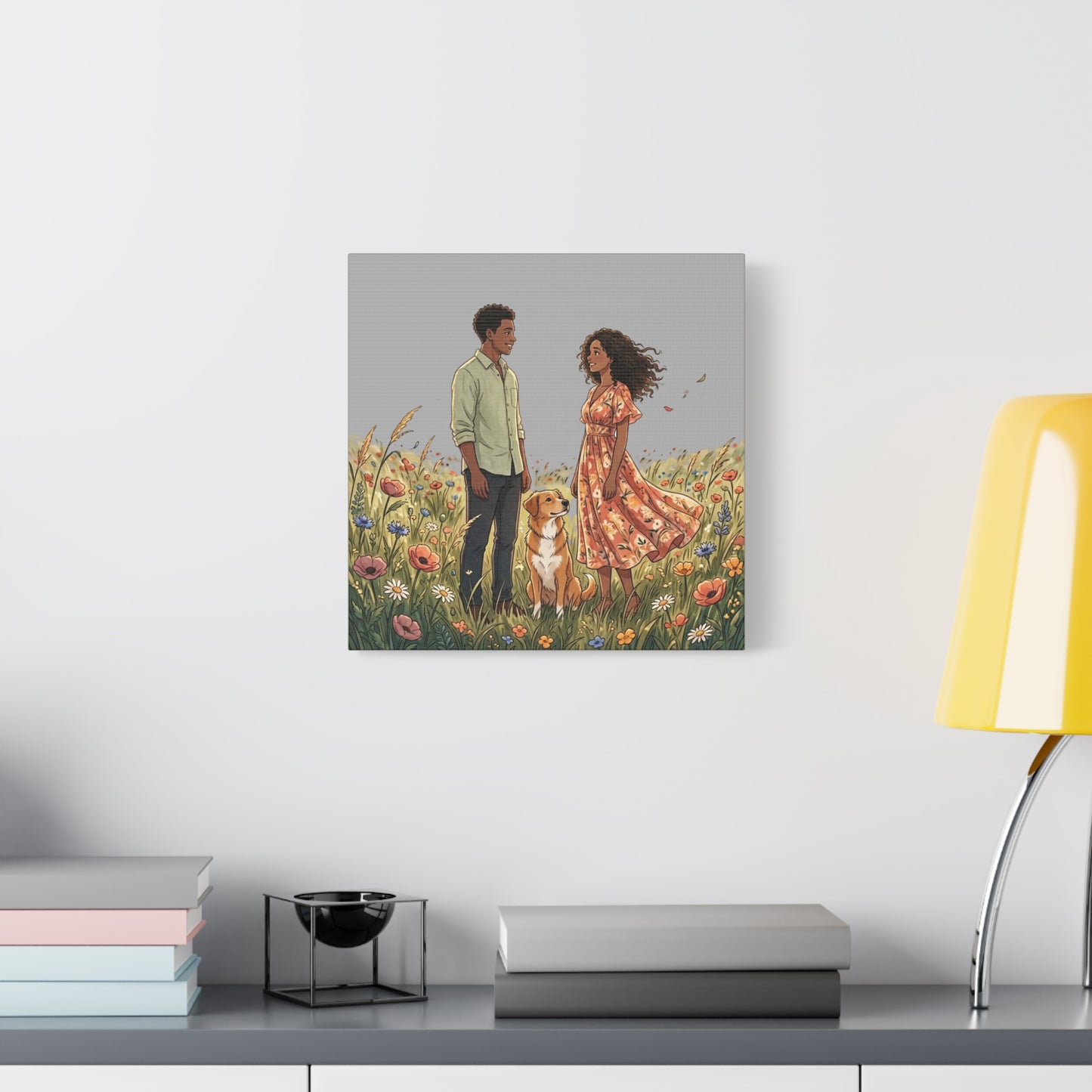 Romantic Couple in Wildflower Field Canvas Art — Black Love Wall Decor with Dog
