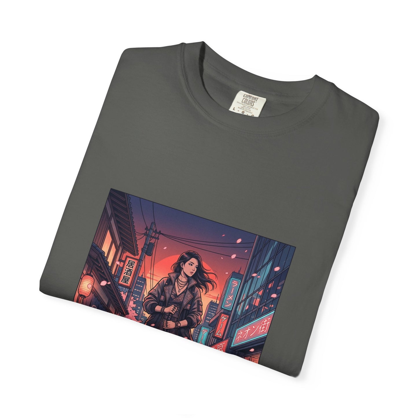 Cyberpunk Night Streets T‑Shirt — Neon Samurai Girl Graphic Tee