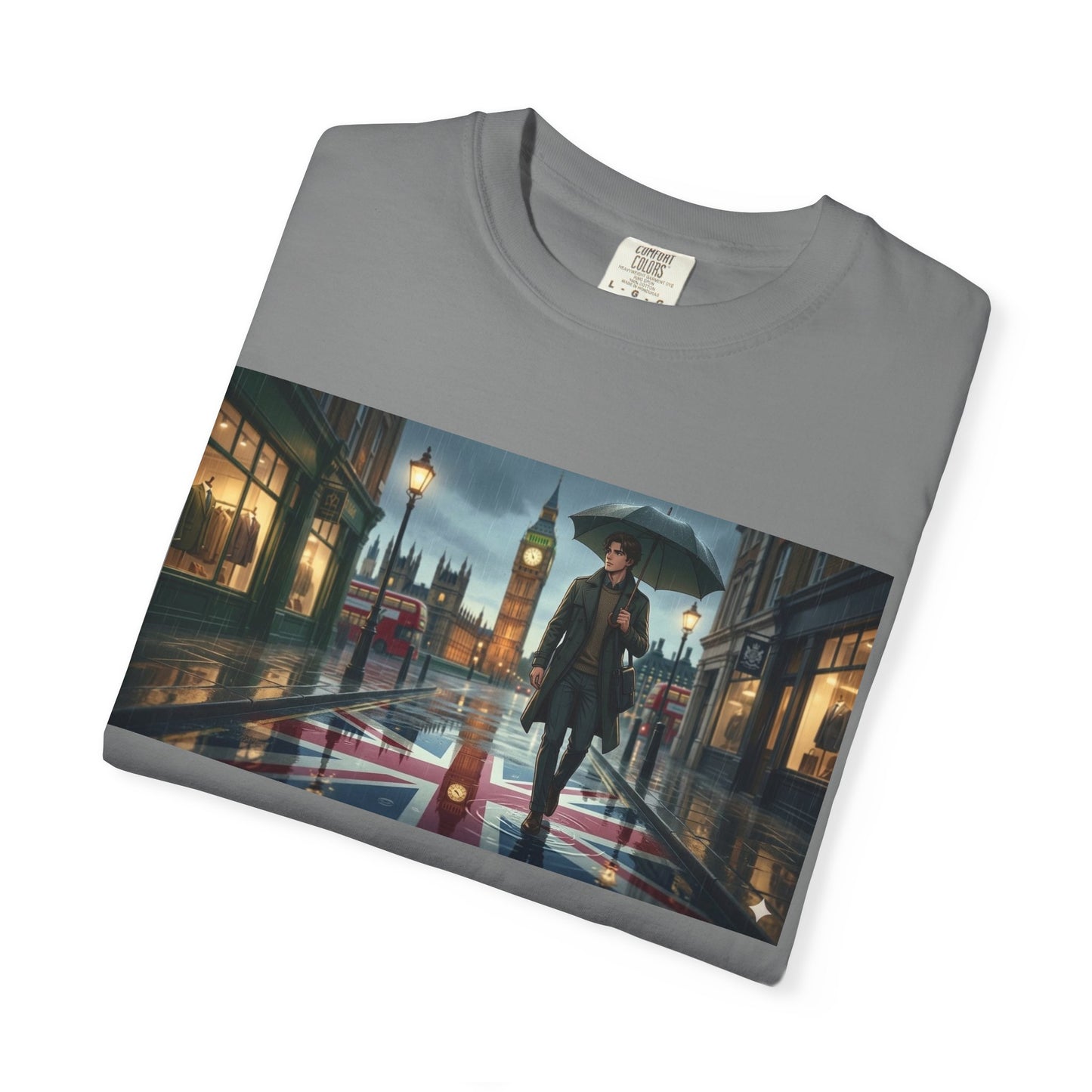 T-Shirt — Rainy London Street Scene Graphic Tee (Big Ben, Umbrella, Night Cityscape)