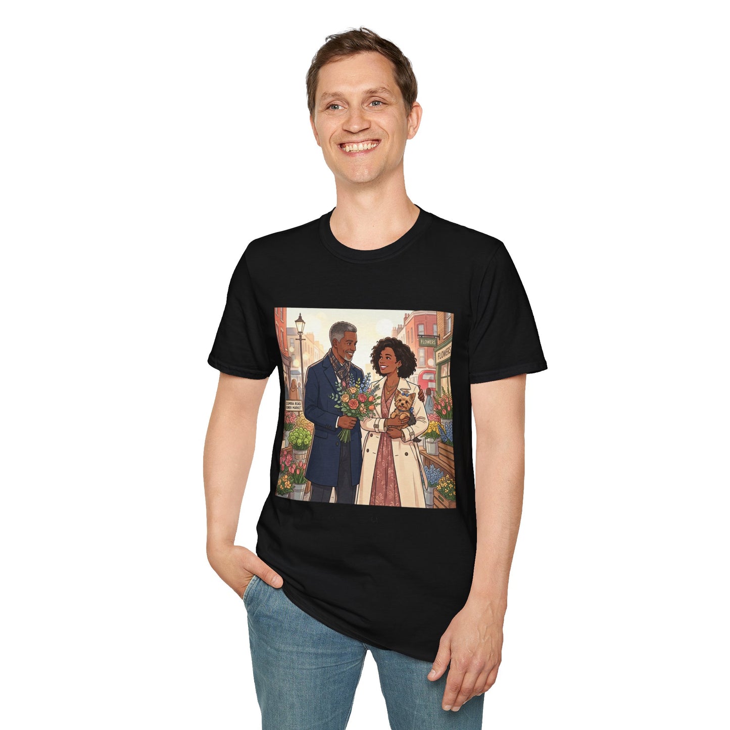 Romantic City Stroll T-Shirt — Couple Bouquet Illustration