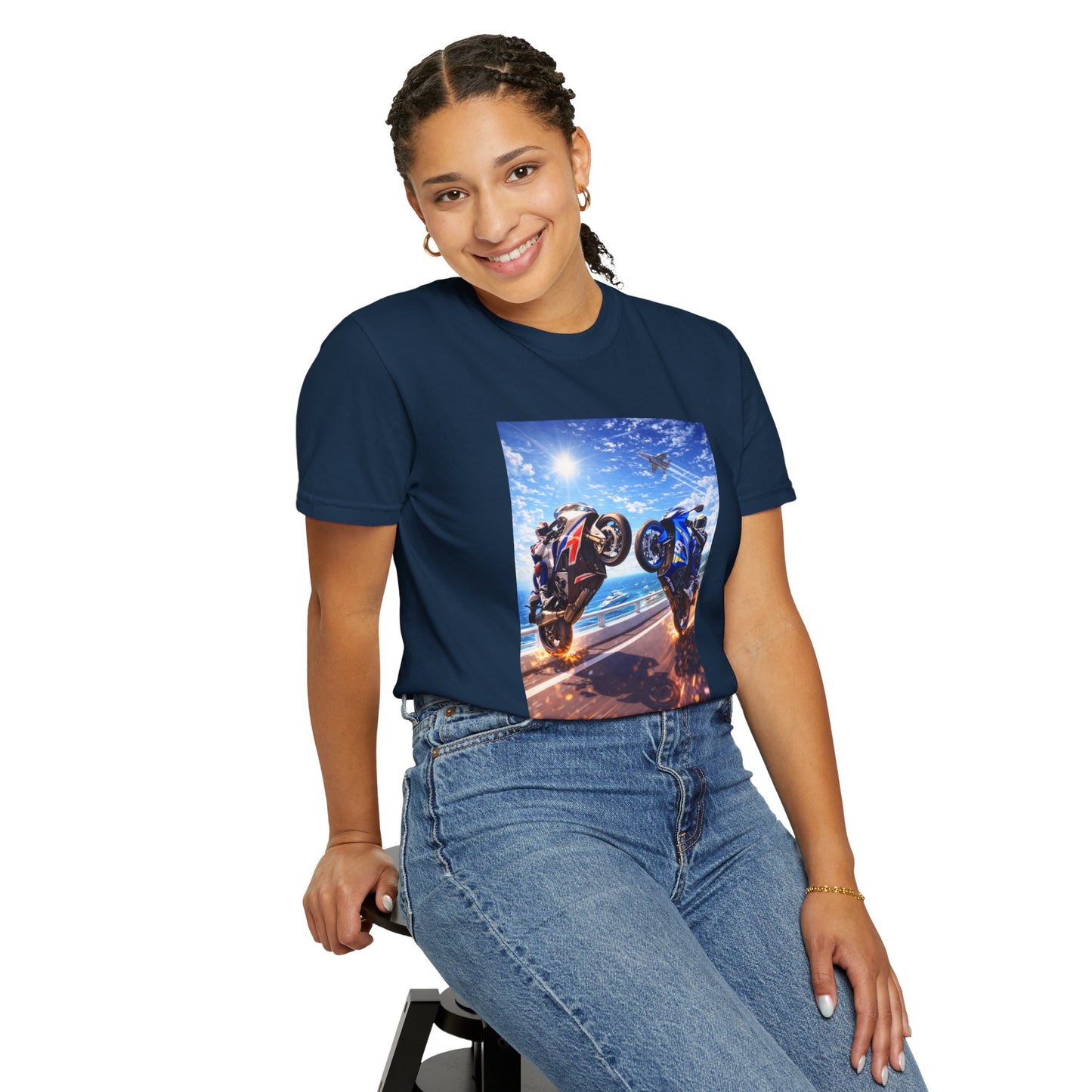 Stunt Riders Motorcycle T-Shirt — Two Bike Wheelie Racing Graphic Tee
