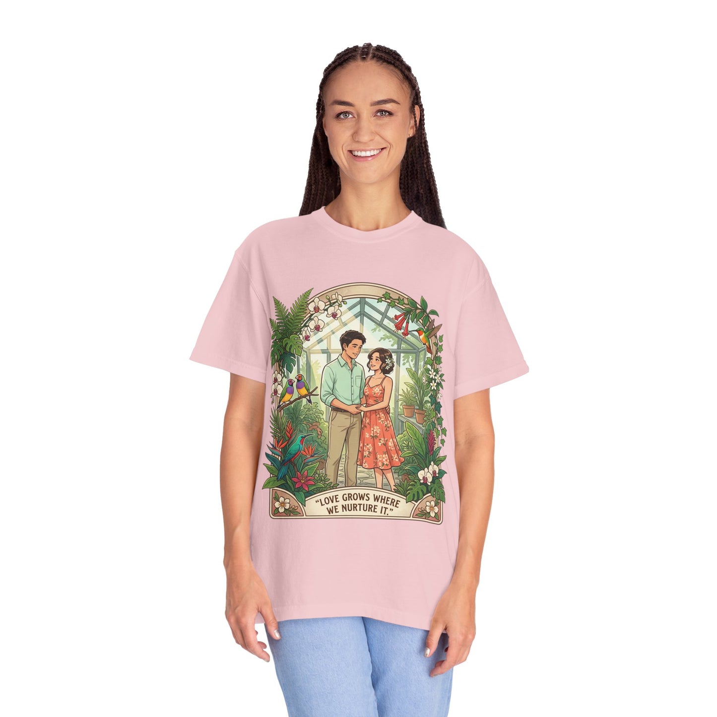 Romantic Greenhouse Couples T-Shirt — “Love Grows Where We Nurture It”