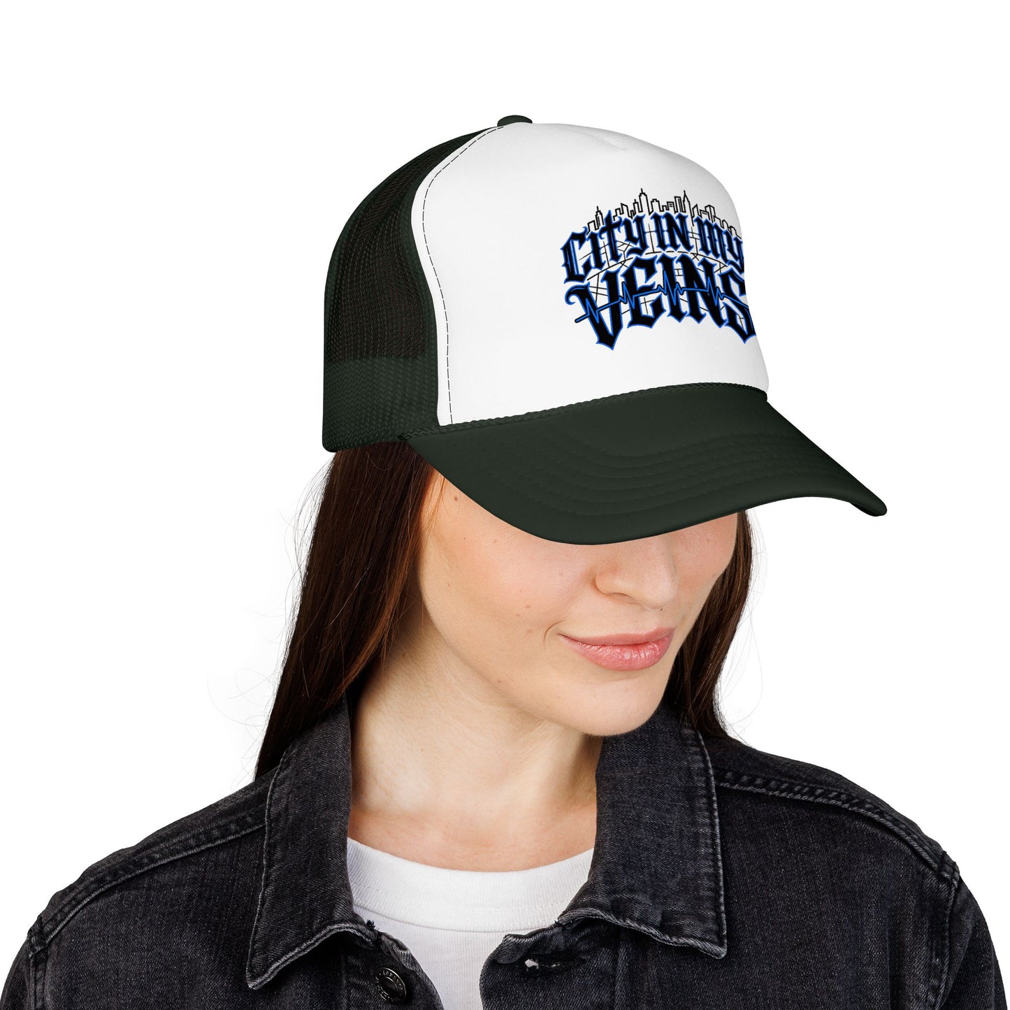 City In My Veins Foam Trucker Hat — Urban Gothic Blue Embroidered Cap