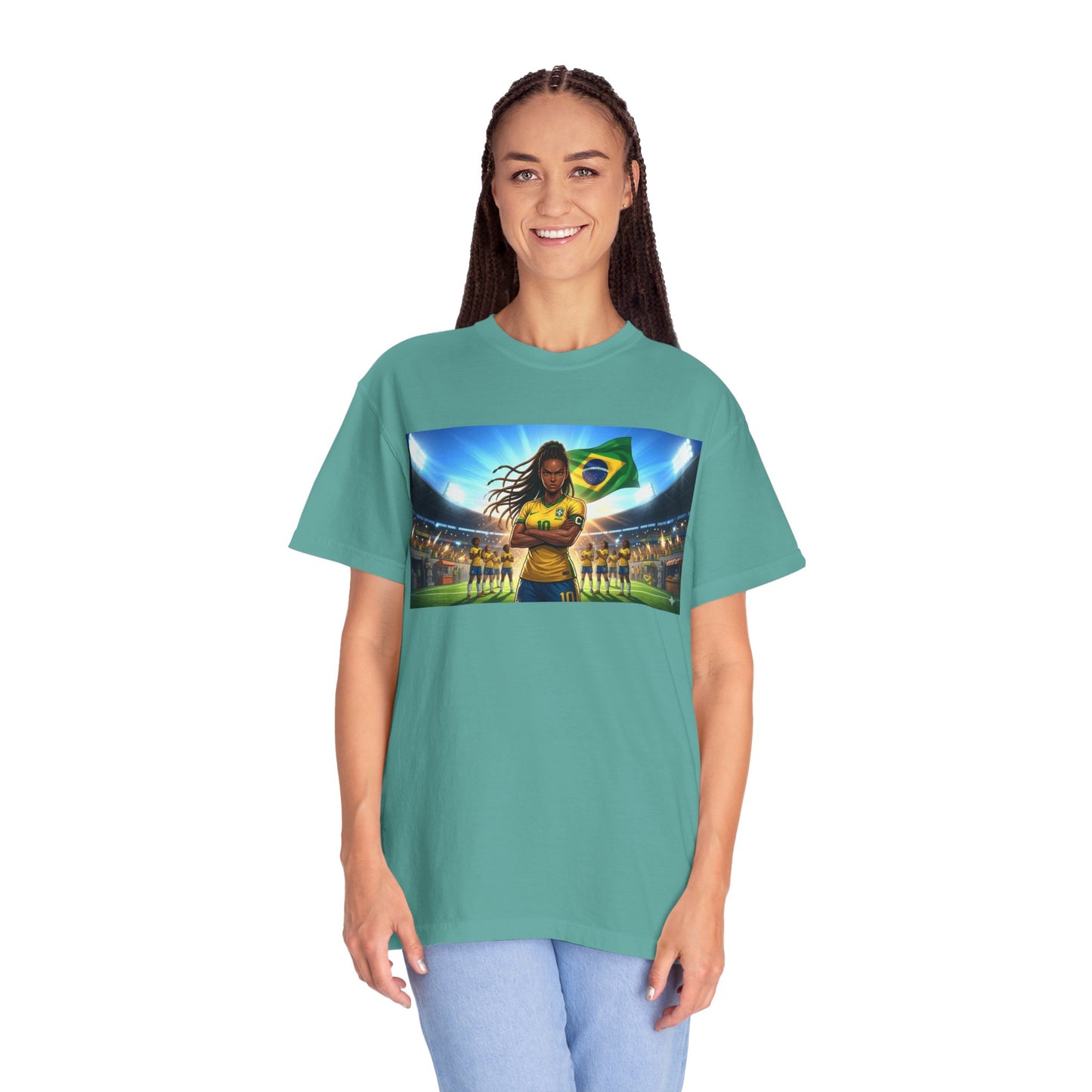 Brazil Soccer Captain T-Shirt — Player Holding Ball with Brazilian Flag Stadium Graphic