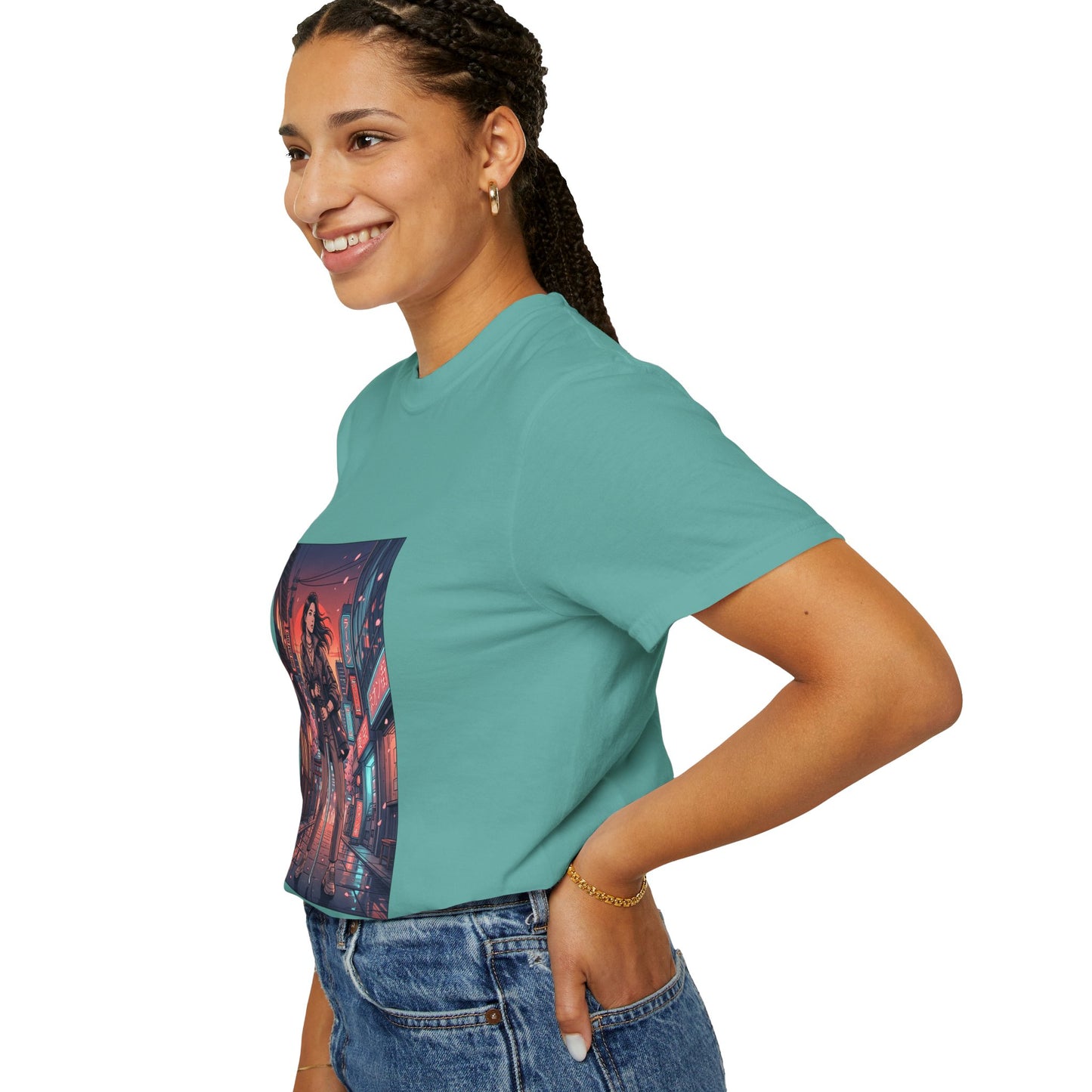 Cyberpunk Night Streets T‑Shirt — Neon Samurai Girl Graphic Tee