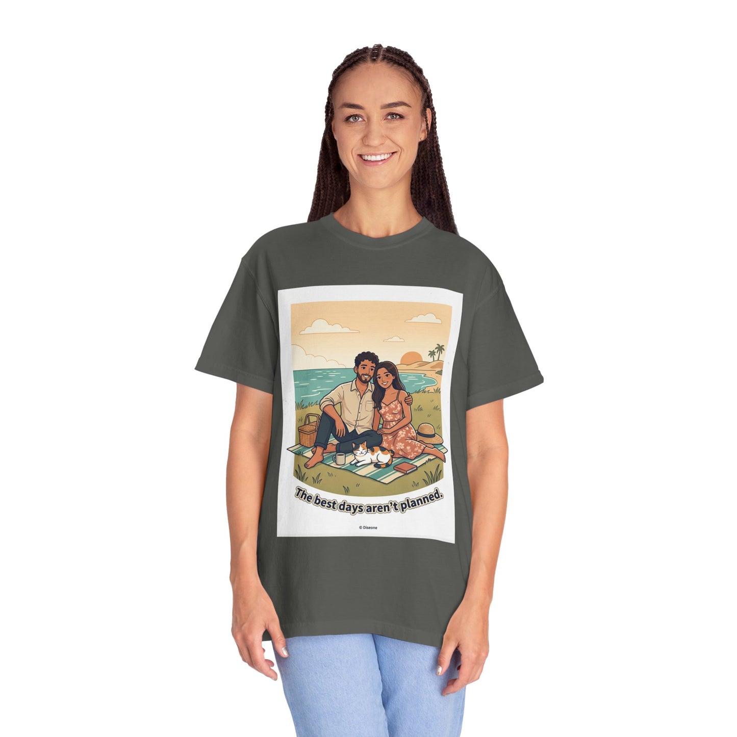 Beach Picnic Couple T‑Shirt — “The best days aren’t planned.” Relaxed Vacation Tee