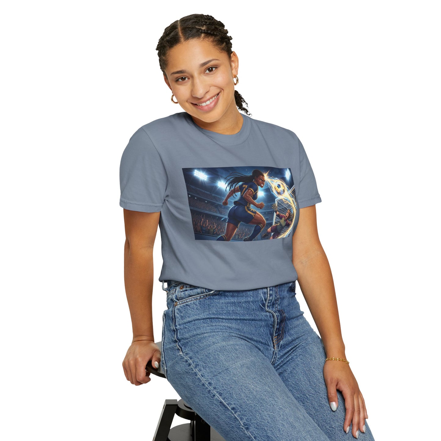 Soccer Duel Graphic T-Shirt — Futuristic Goalkeeper vs Striker Stadium Print