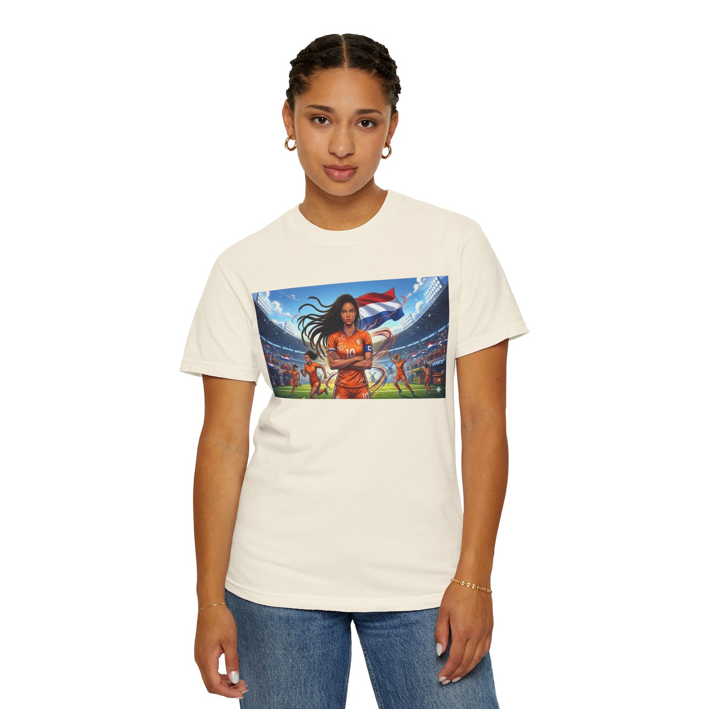 Soccer Warrior T-Shirt — Netherlands Female Captain with Flag Stadium Graphic