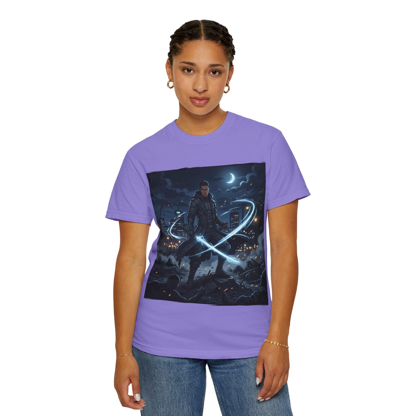 Urban Night Warrior T-Shirt — Neon Samurai Cityscape