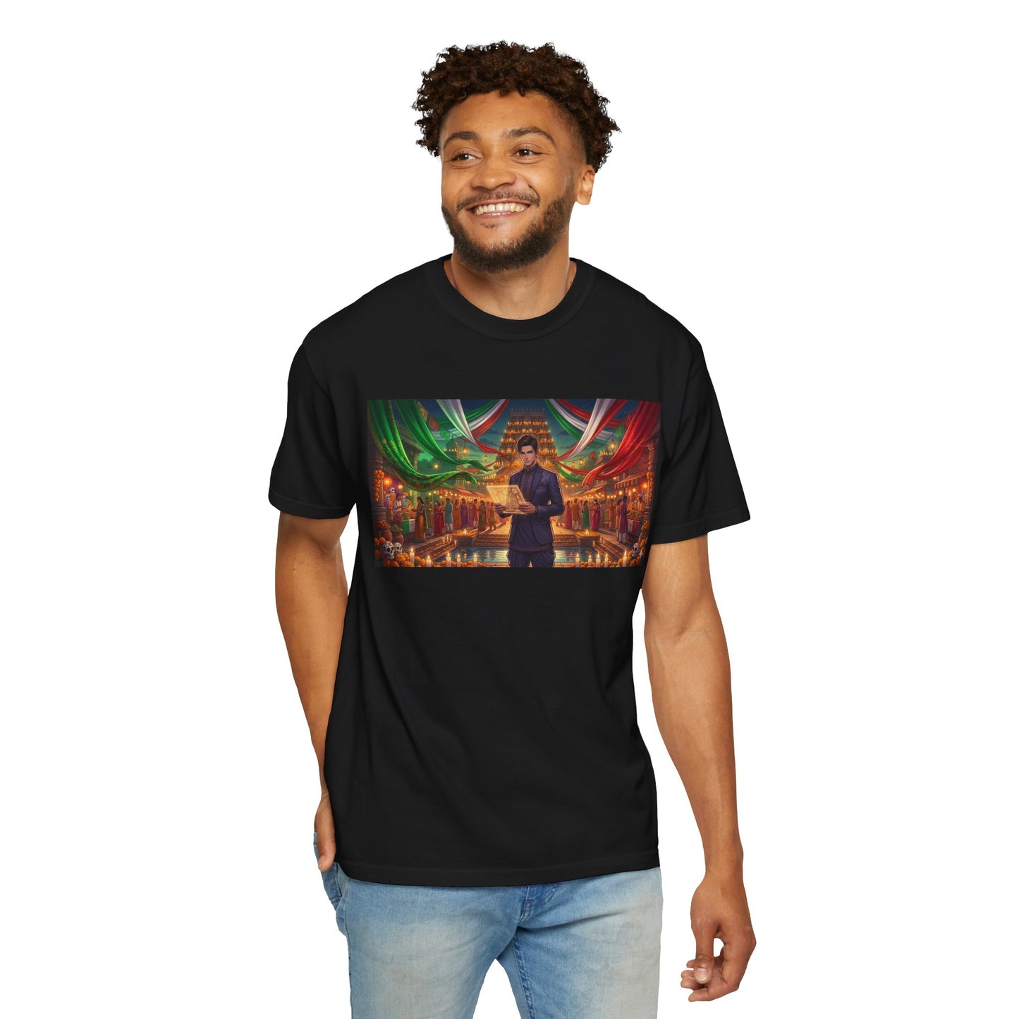 T-Shirt — Dragon Temple Night Scene Graphic Tee (Monk with Dragons)