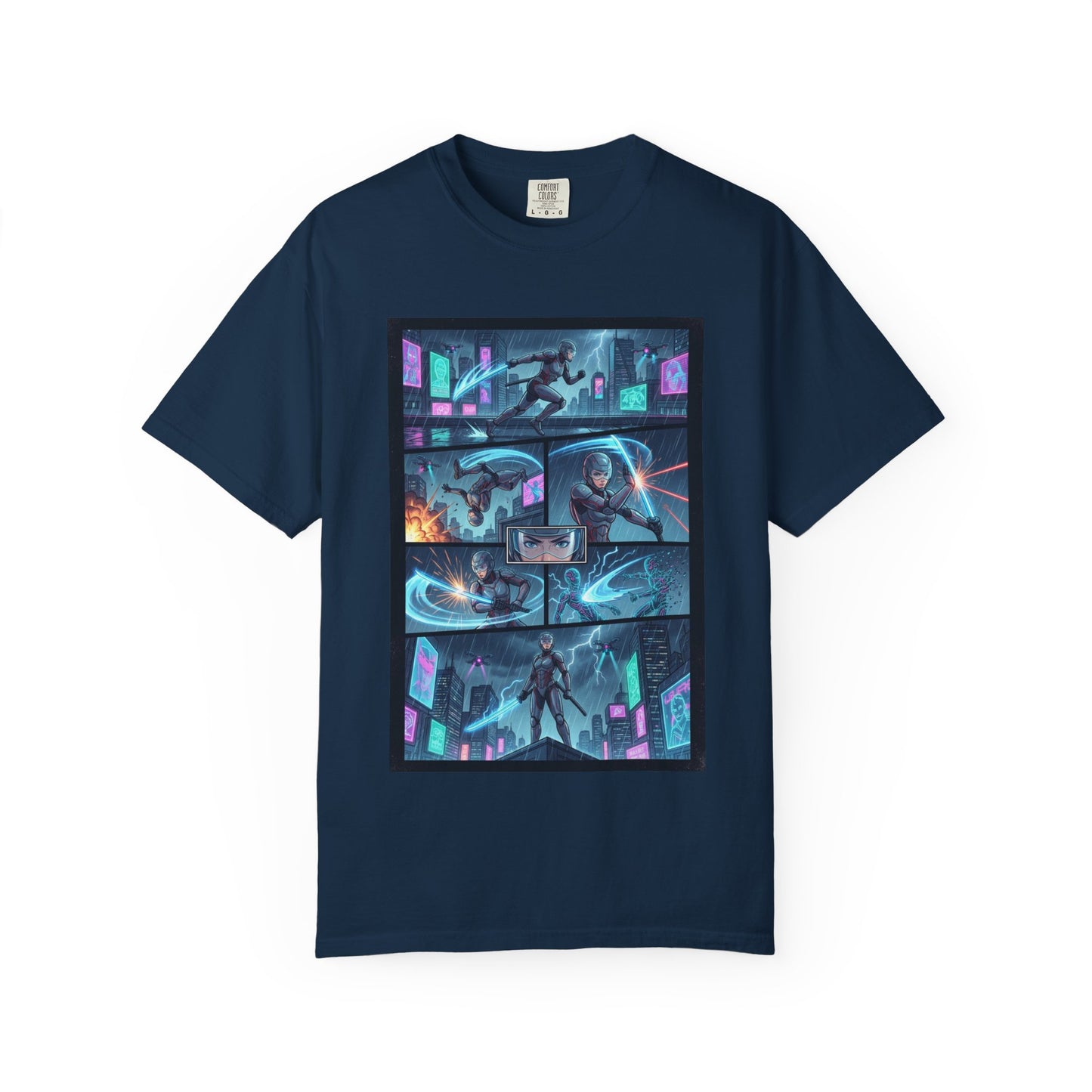 Cyberpunk Girl Samurai T-Shirt — Neon Manga Panel Graphic Tee