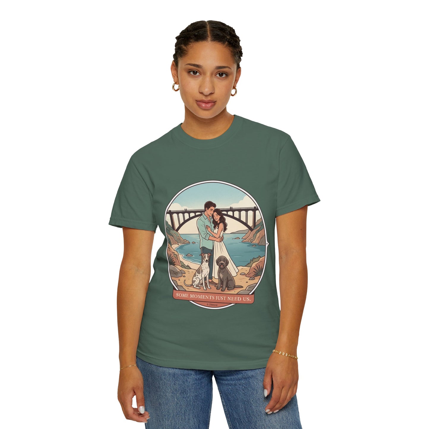 T-Shirt — Romantic Coastal Couples Tee “Some Moments Are Forever” with Dogs