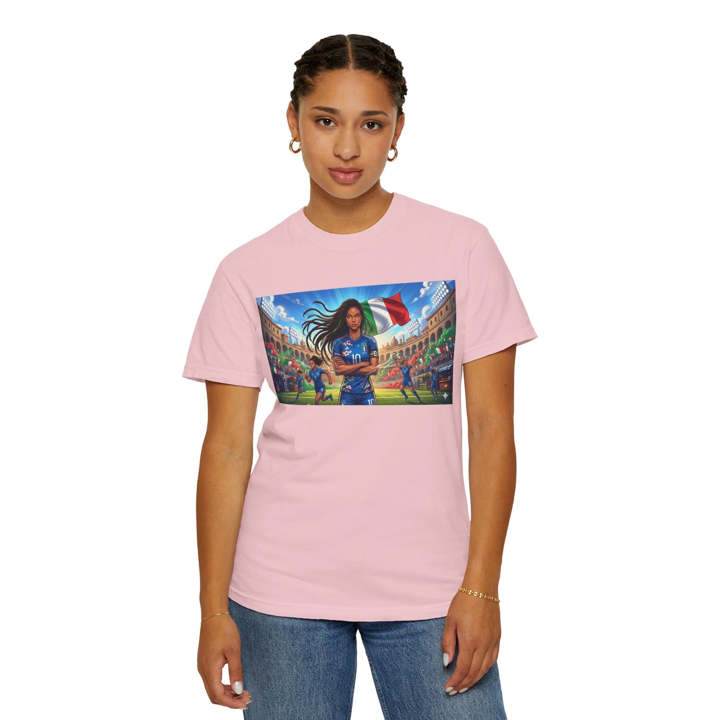 Italian Soccer Fan T‑Shirt – Inspirational Female Player with Italy Flag Stadium Print