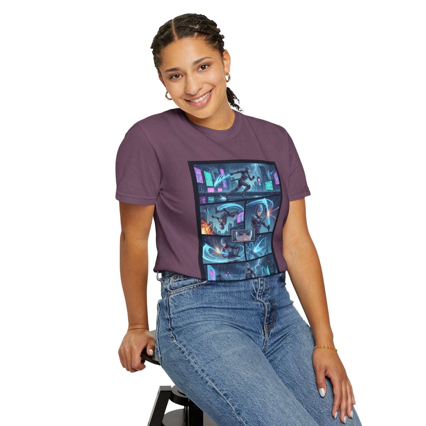Cyberpunk Girl Samurai T-Shirt — Neon Manga Panel Graphic Tee