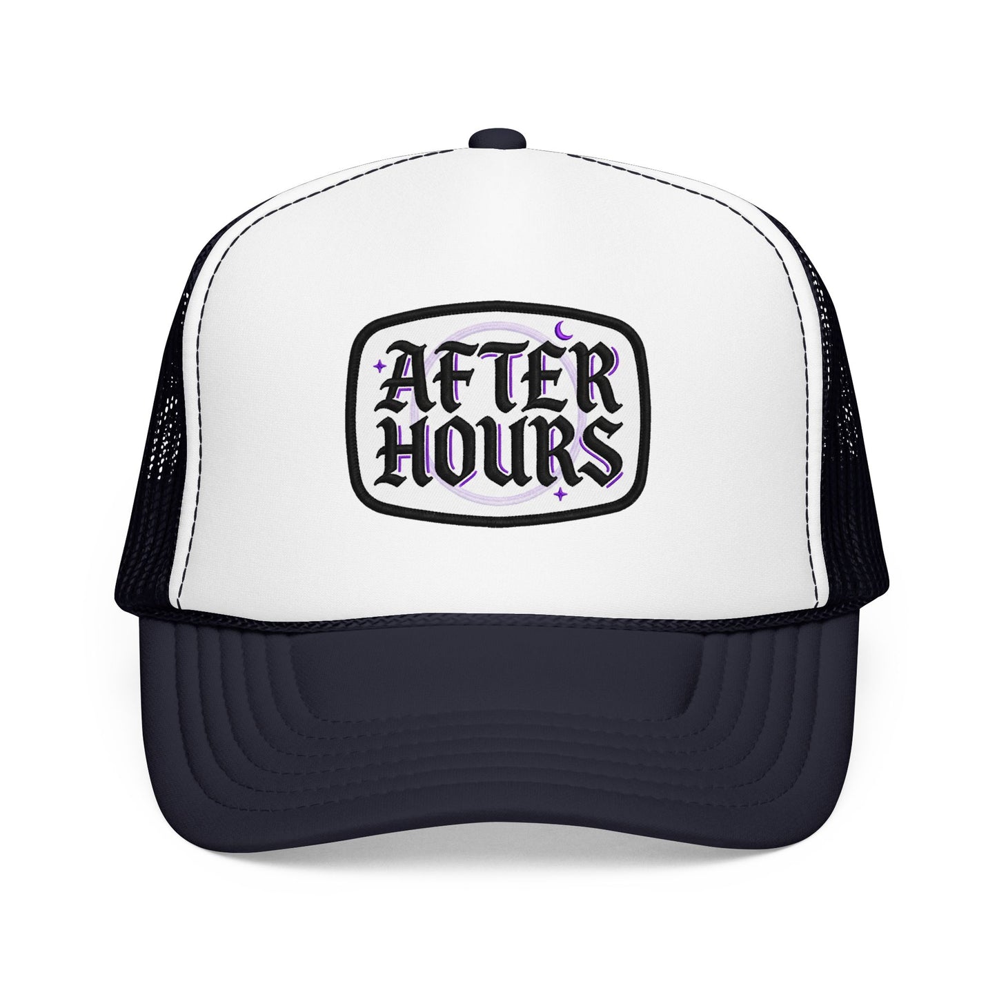 After Hours Foam Trucker Hat – Retro Gothic Embroidered Patch Cap