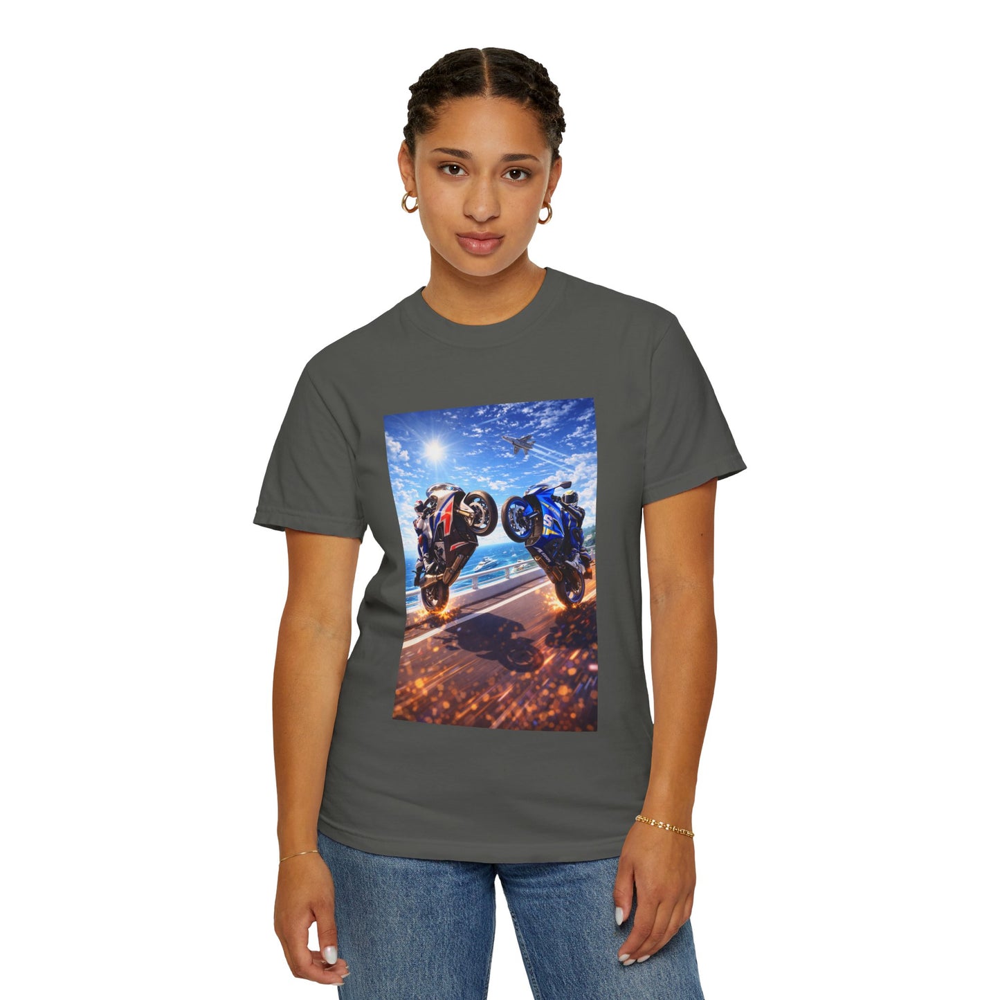 Stunt Riders Motorcycle T-Shirt — Two Bike Wheelie Racing Graphic Tee