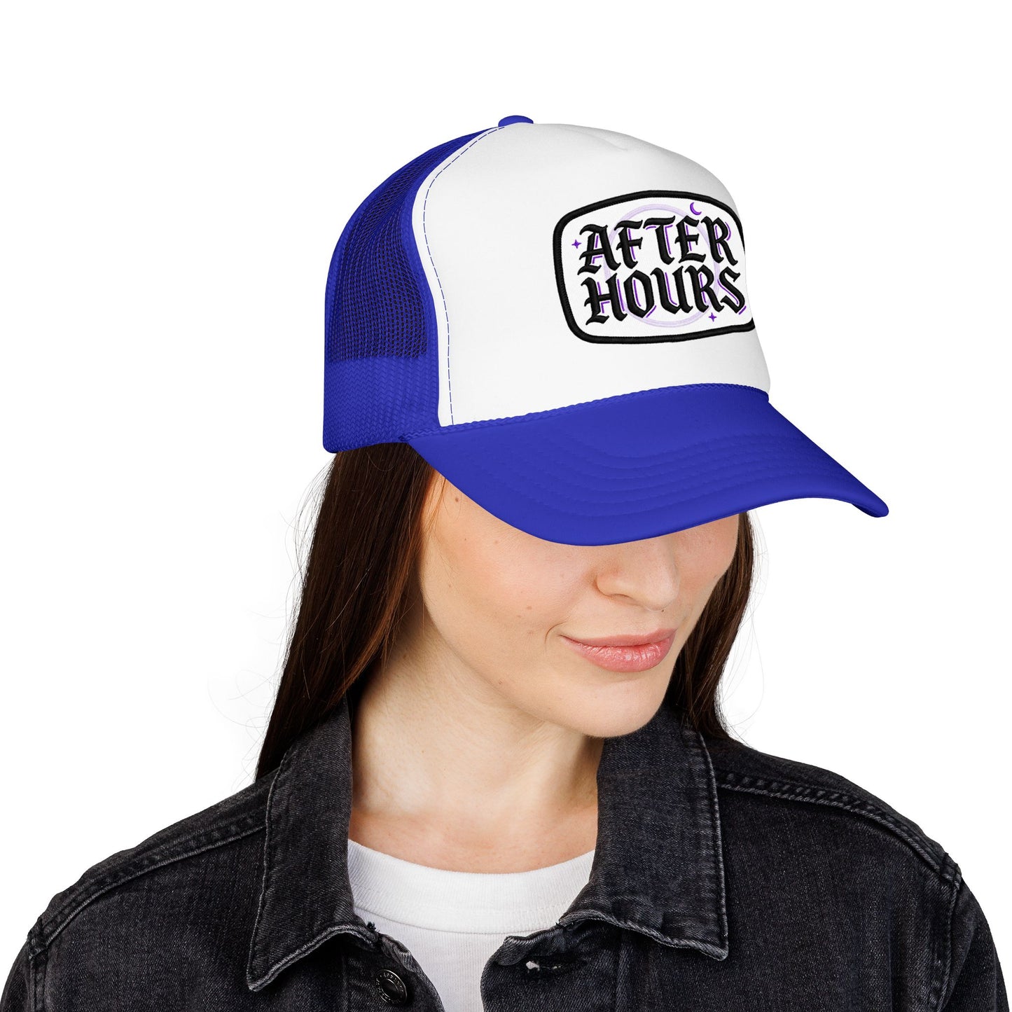 After Hours Foam Trucker Hat – Retro Gothic Embroidered Patch Cap
