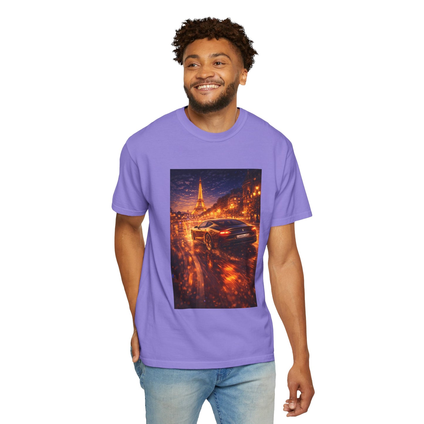 Paris Night Drive T-Shirt — Sports Car in Rainy Cityscape