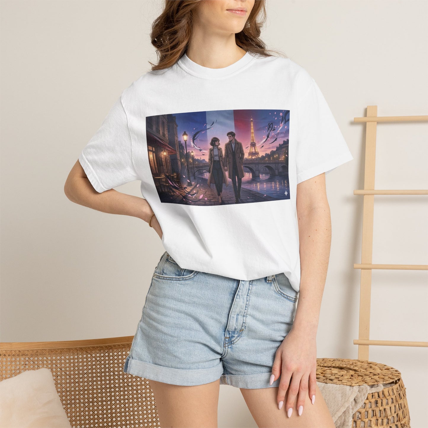 Couple Walking, Eiffel Tower - T-Shirt — Romantic Paris Nightscape Graphic Tee